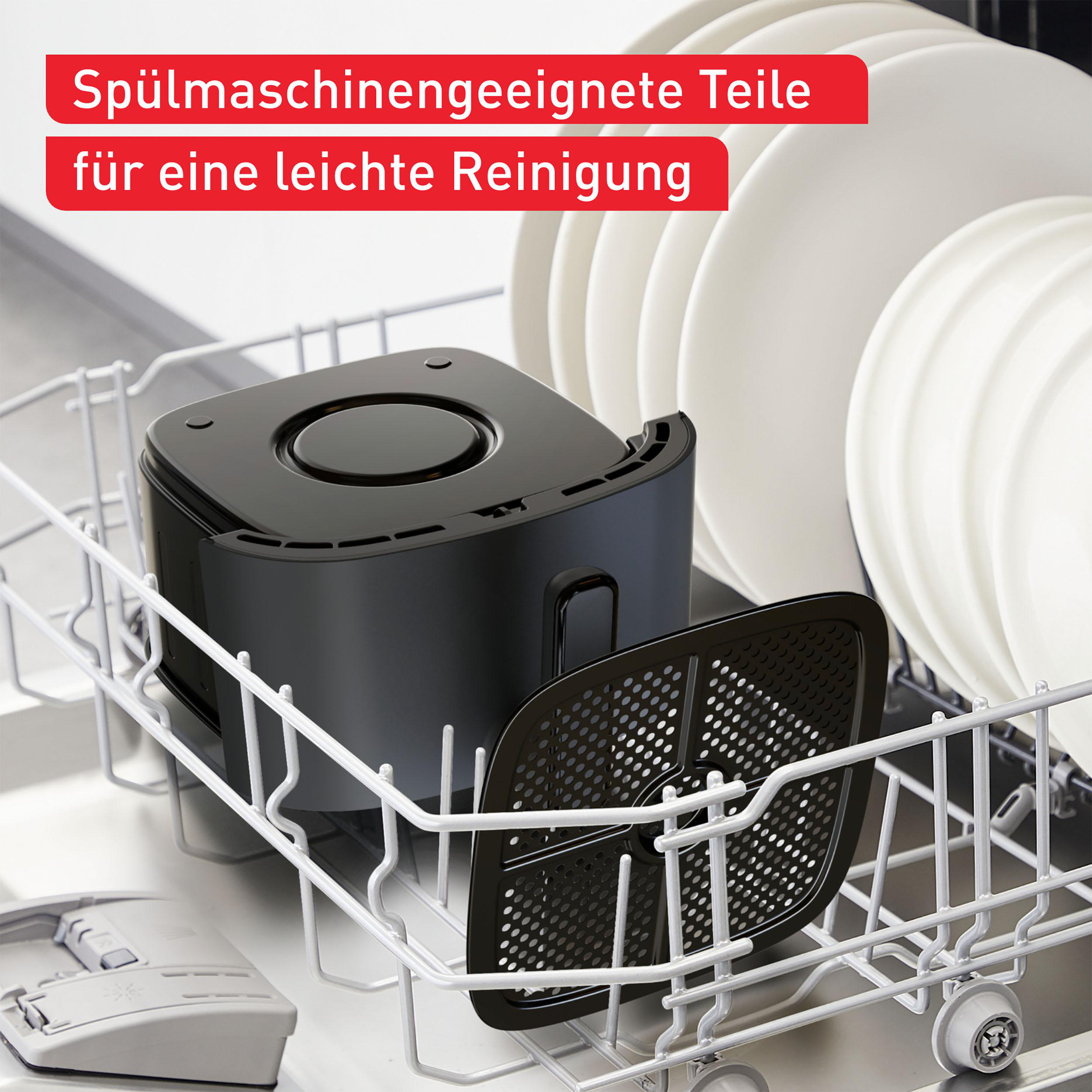 Schwarze Airfryer-Teile in einer Spülmaschine mit weißem Geschirr. Text weist auf spülmaschinenfeste Teile hin.