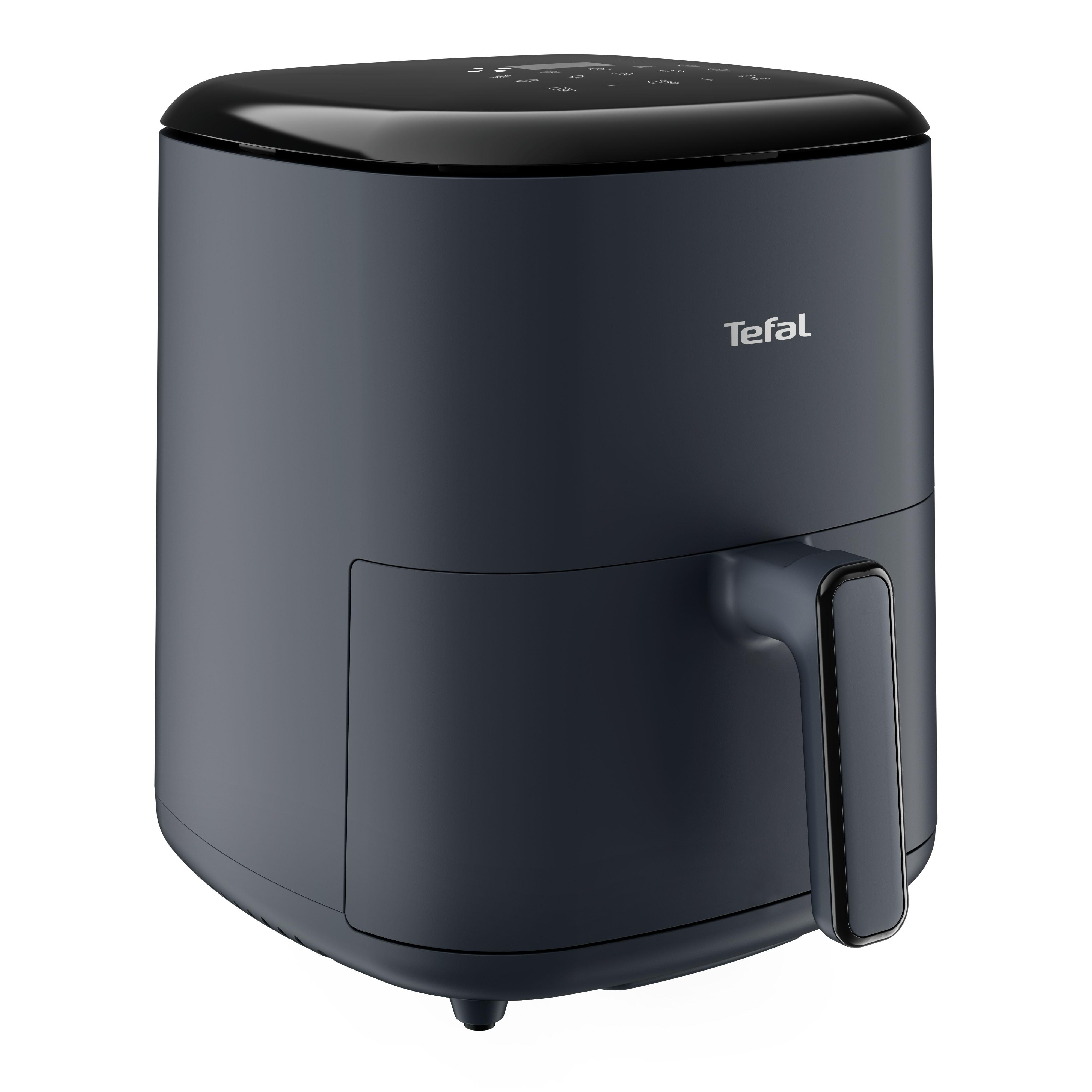 Ein dunkelblauer Tefal-Luftfritteuse. Hat einen Griff und ein digitales Display oben.