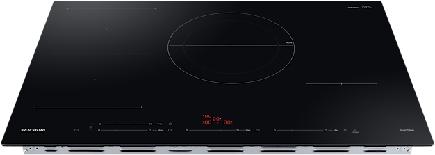 Black induction cooktop with red display and silver trim.