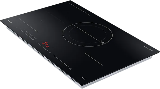 Black induction cooktop with a large central burner and red display.