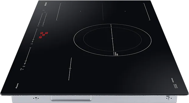 Black induction cooktop with red display and silver trim.