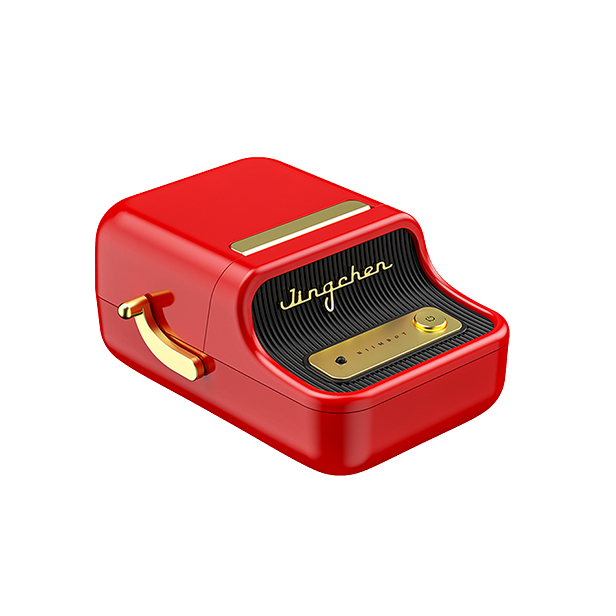 Ein roter Drucker im Retro-Stil mit goldenen Akzenten und einem Griff.