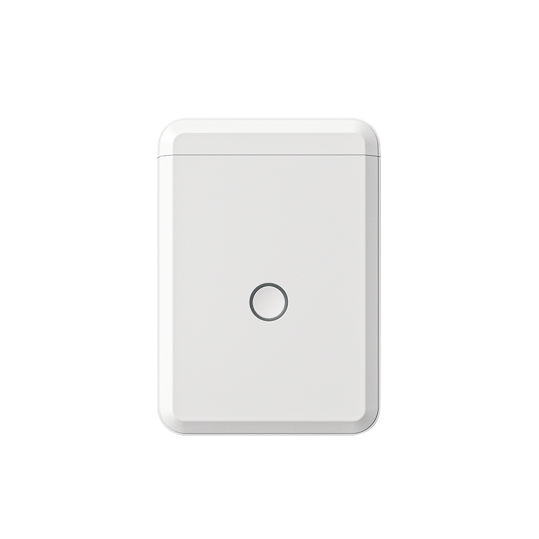 Ein weißer Smart-Home-Schalter mit einem kreisförmigen Knopf in der Mitte.