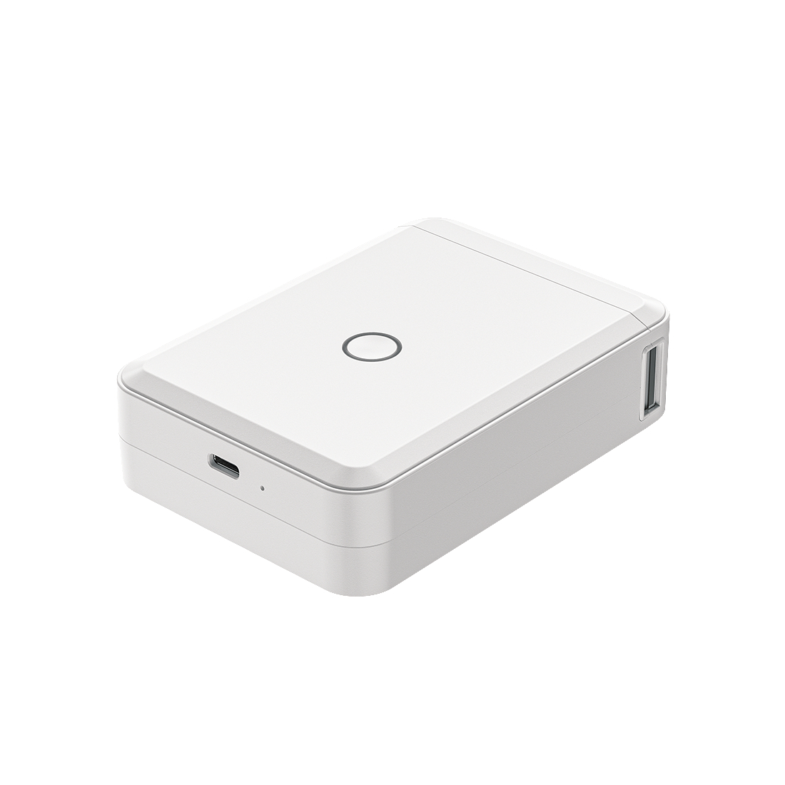 Weißes rechteckiges Gerät mit einem schwarzen Kreis oben. USB-Anschluss an der Seite. Sauberes Design.