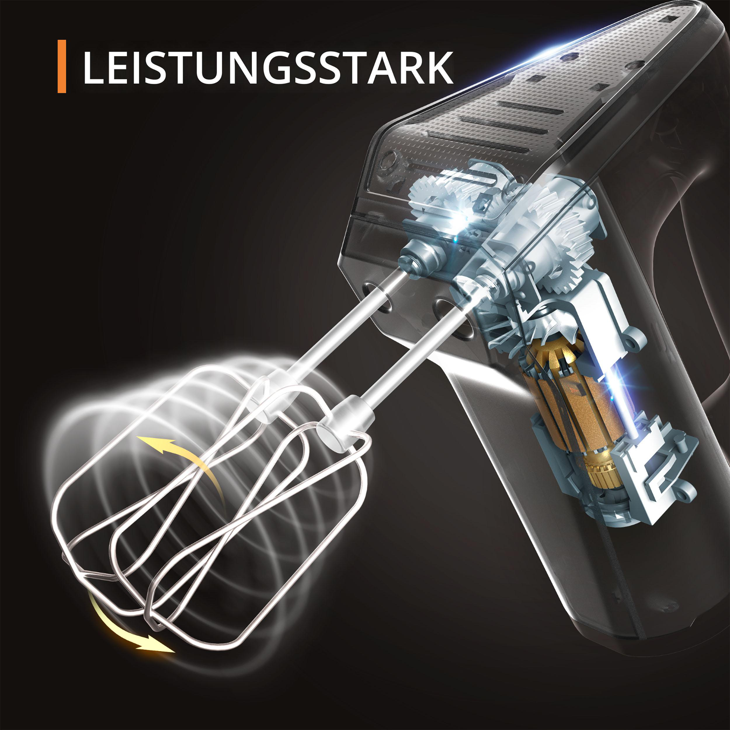 Eine transparente Ansicht eines schwarzen Handrührers mit sichtbarem Motor und Rührbesen.
