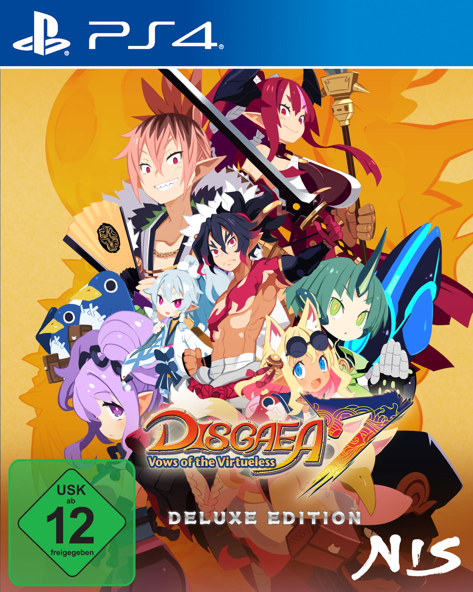 Disgaea 7 Deluxe Edition PS4-Spielcover. Bunte Zeichentrickfiguren sind auf dem Cover zu sehen.