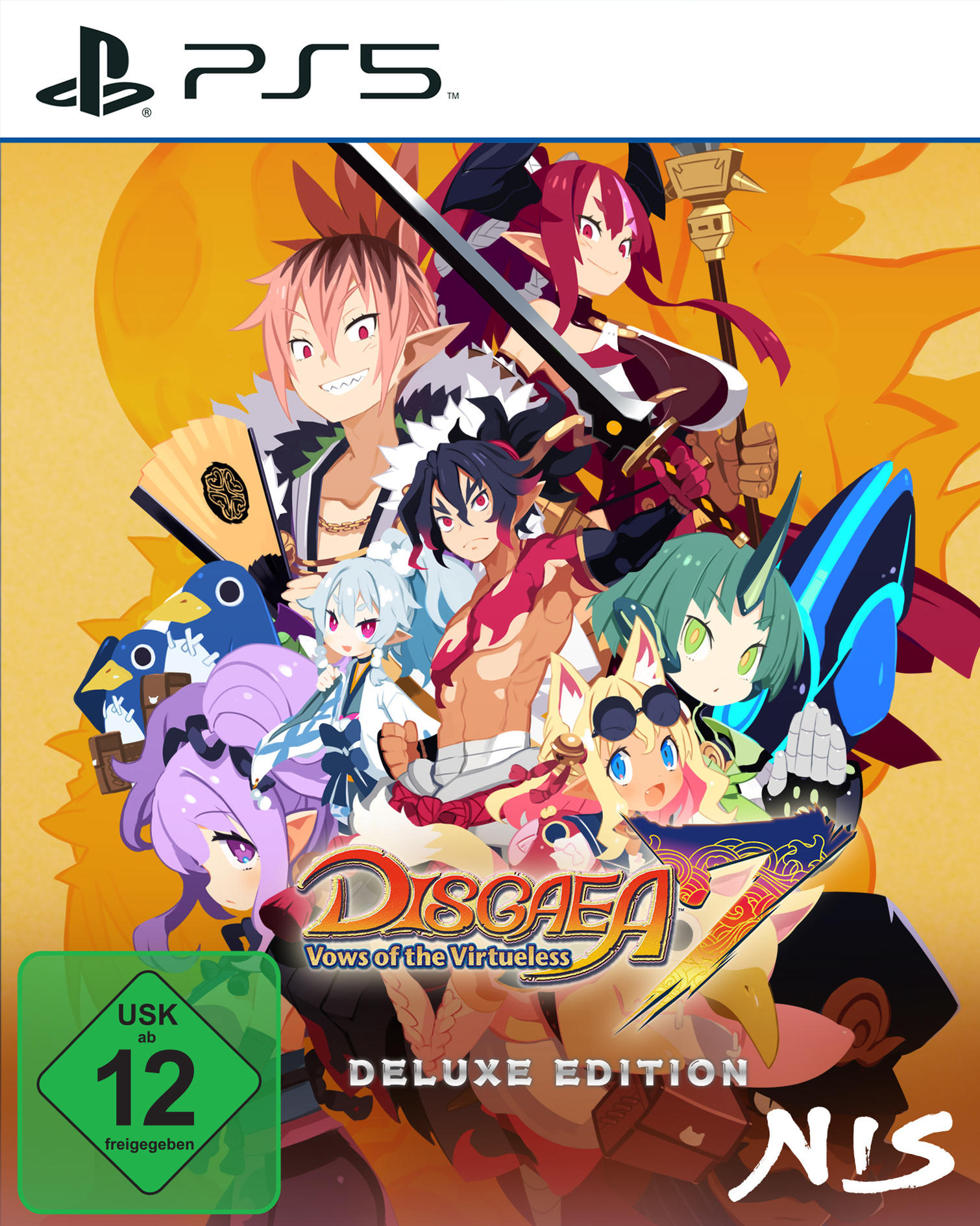 Disgaea 7 Spielcover. Charaktere mit gelbem Hintergrund, PS5-Logo.