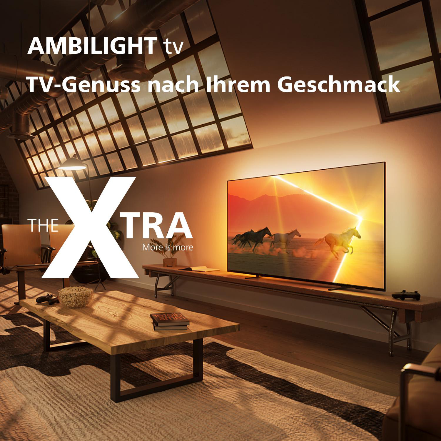 Wohnzimmer mit TV, Pferde zeigend, mit dem Wort XTRA.