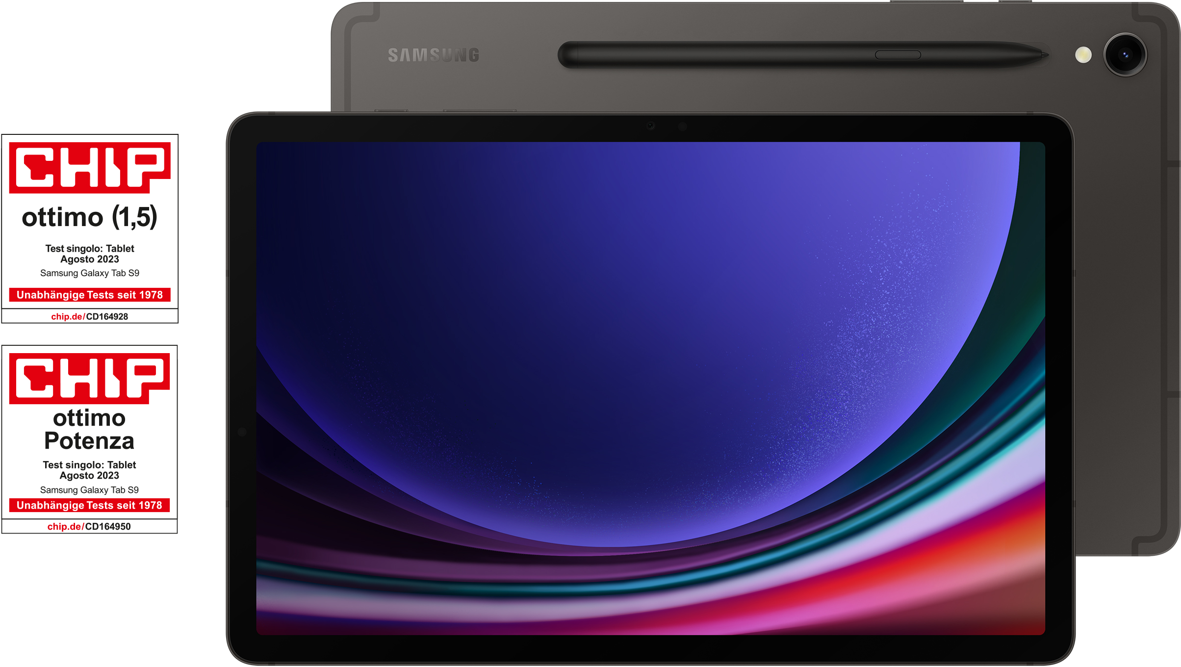 Une tablette Samsung avec un stylo, avec un résultat de test Chip imprimé dessus.