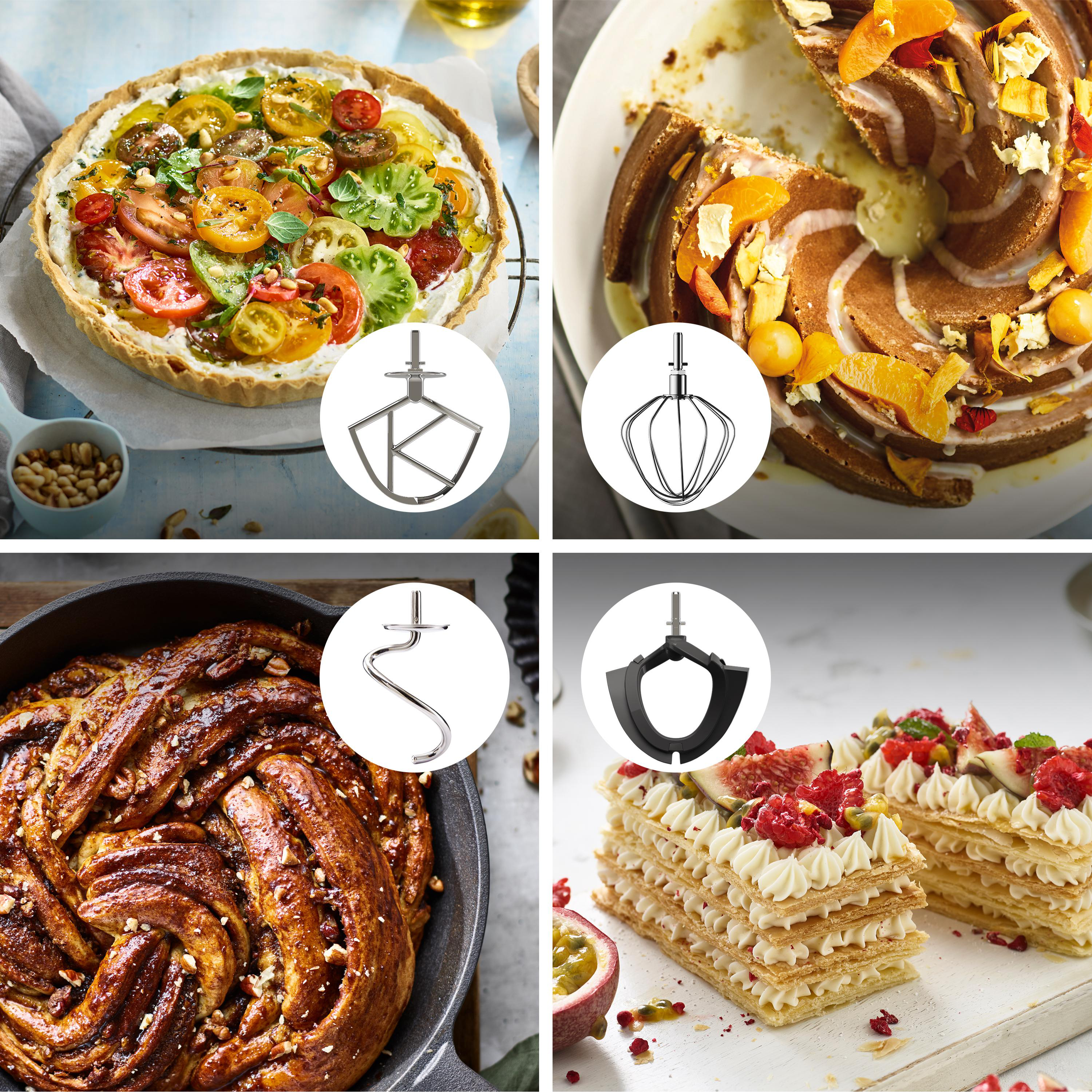 Vier Bilder von Essen und Mixeraufsätzen.