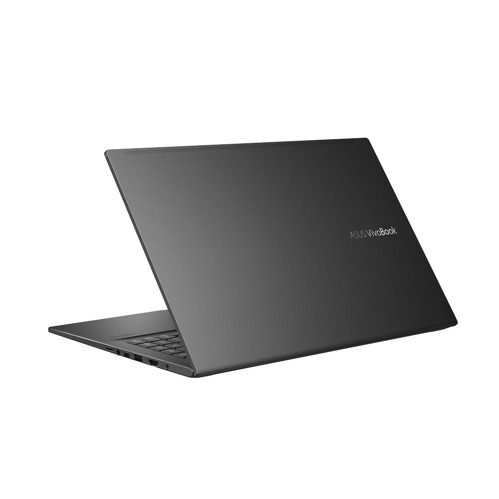 Ein schwarzes ASUS Vivobook Laptop, Rückansicht, auf weißem Hintergrund.