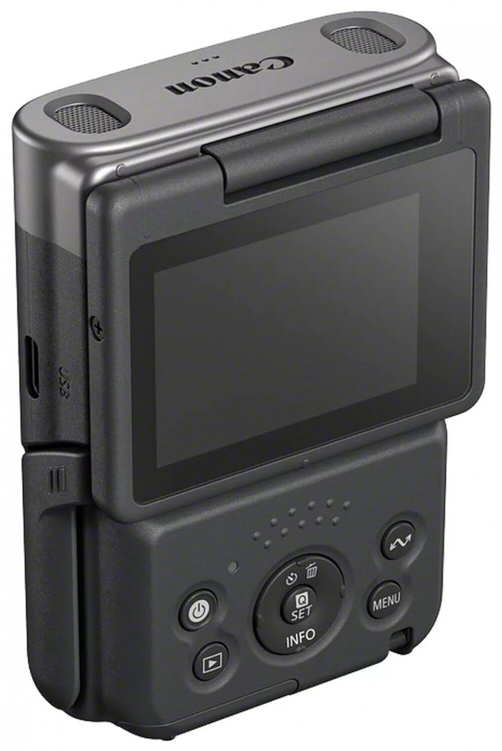 Czarny aparat z rozkładanym ekranem i przyciskami.