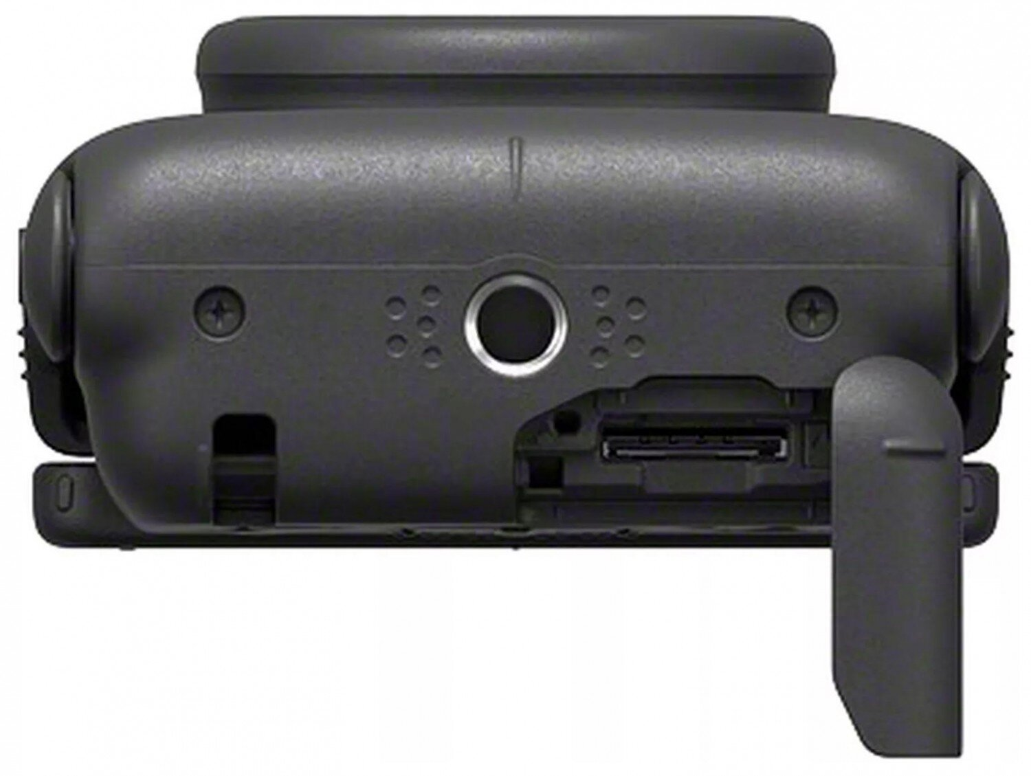 Widok z tyłu urządzenia z gniazdem słuchawkowym, portem ładowania i osłoną.