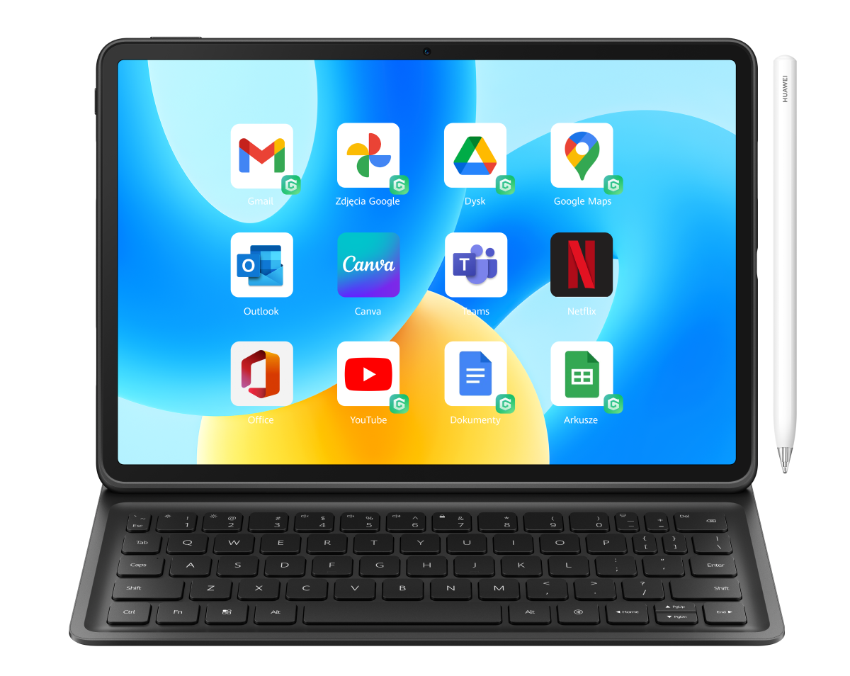 Tablet z ikonami na ekranie. Klawiatura i rysik przed niebiesko-żółtym tłem.