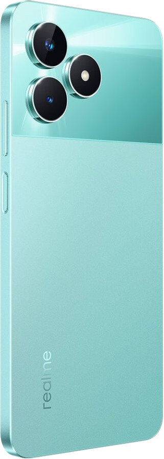 Turkusowy smartfon z trzema tylnymi aparatami i logo realme.