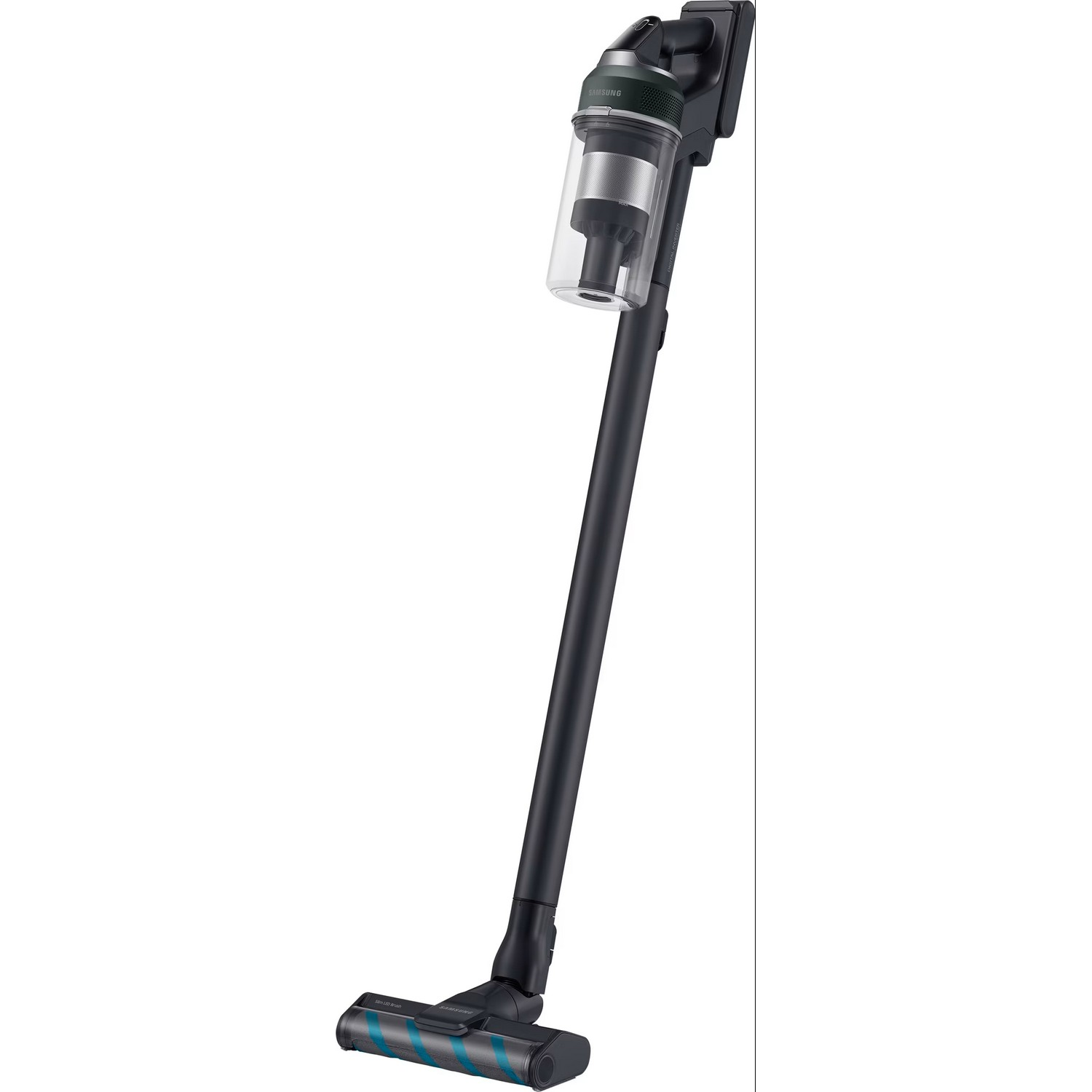 A cordless vacuum cleaner, black and silver, with a brush head.