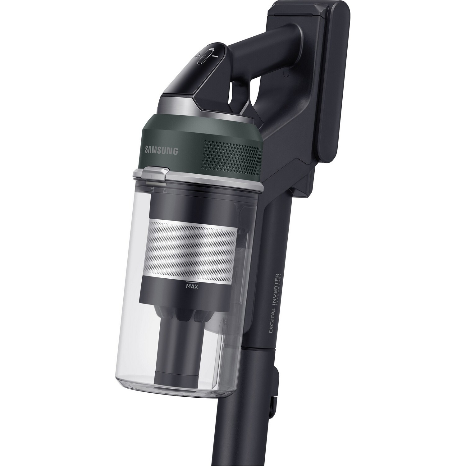 A handheld Samsung vacuum cleaner with a clear dustbin and a dark green top.