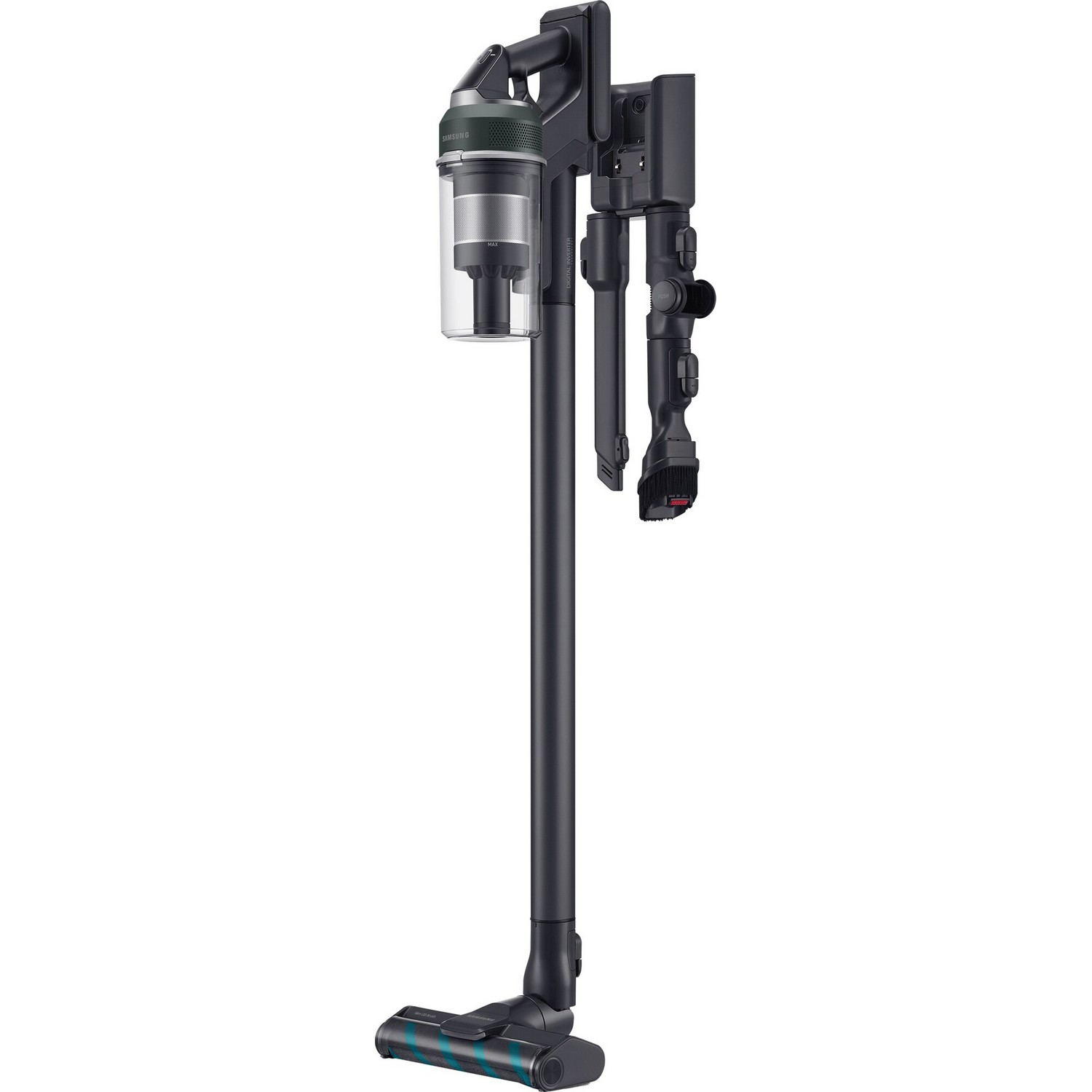 Black and green vacuum cleaner with multiple attachments, positioned on a white background.