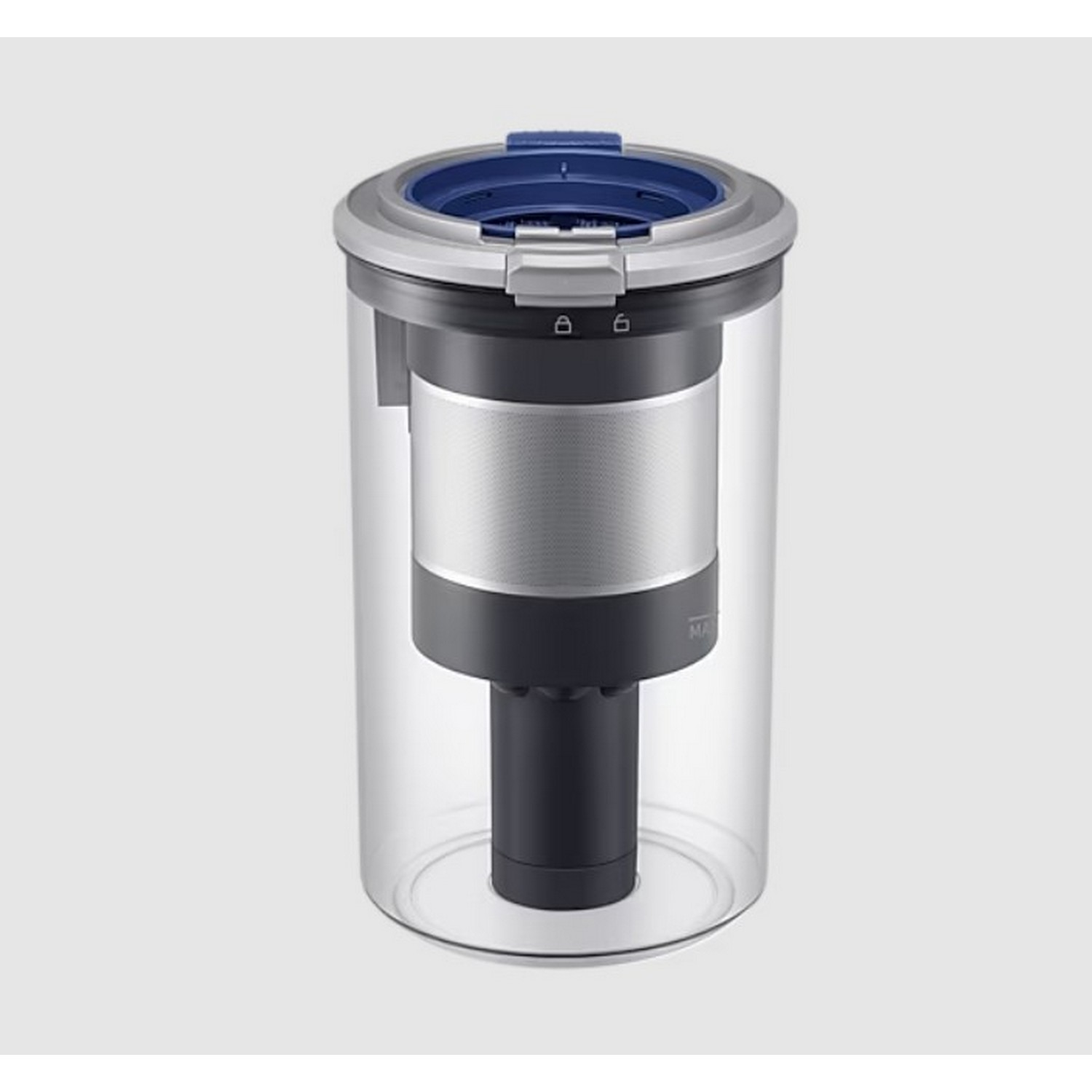 Clear plastic vacuum dust container, with silver filter.