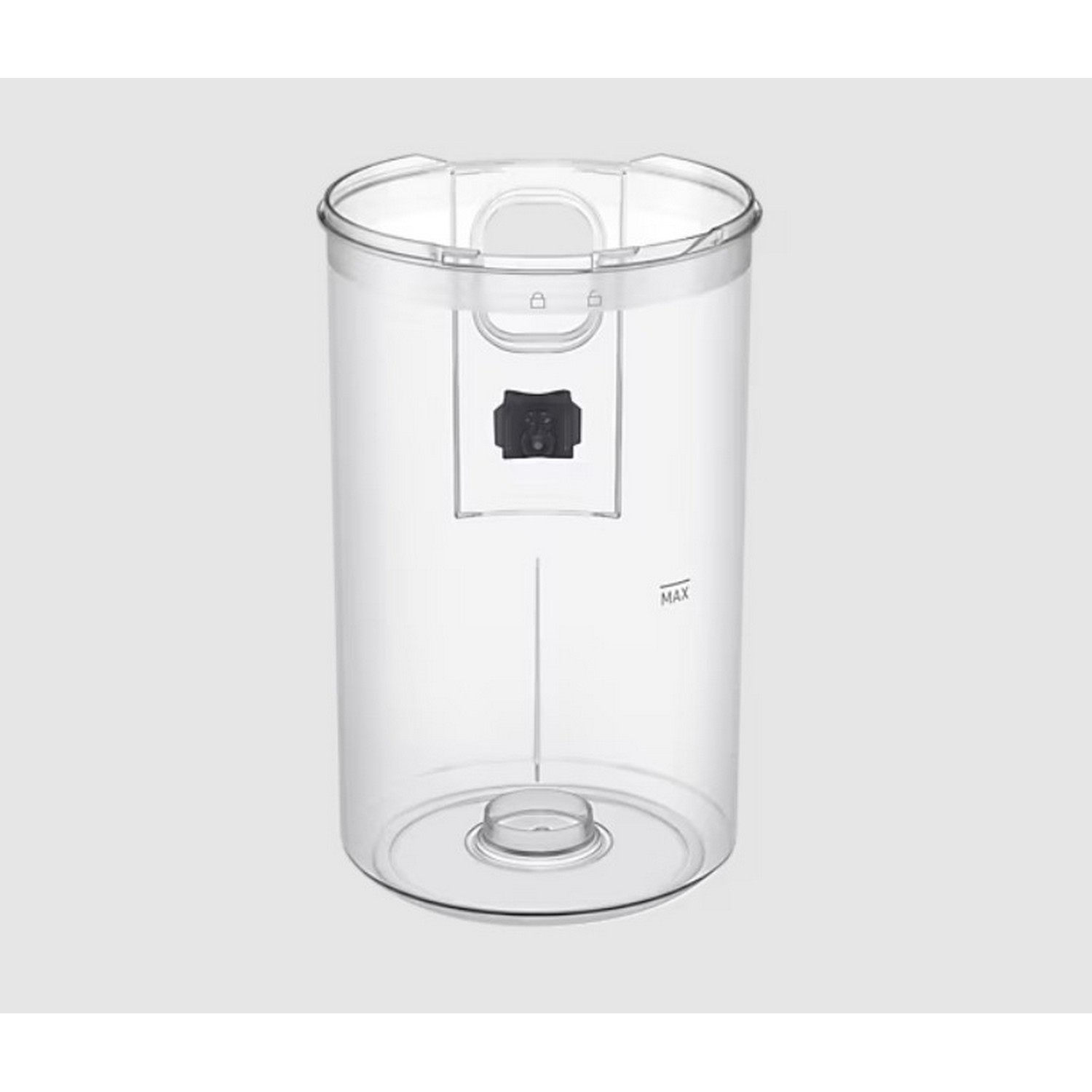 A clear plastic container with a lid and a black switch.