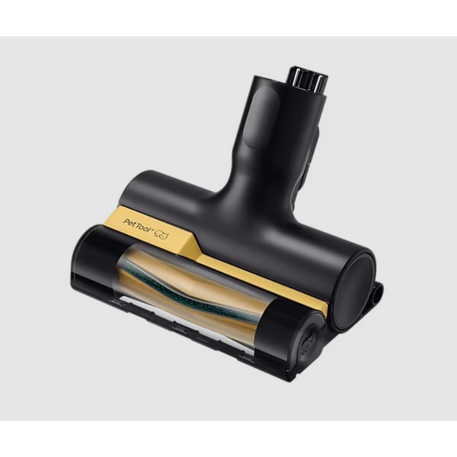 A black and yellow pet tool for a vacuum cleaner. It's on a white background.