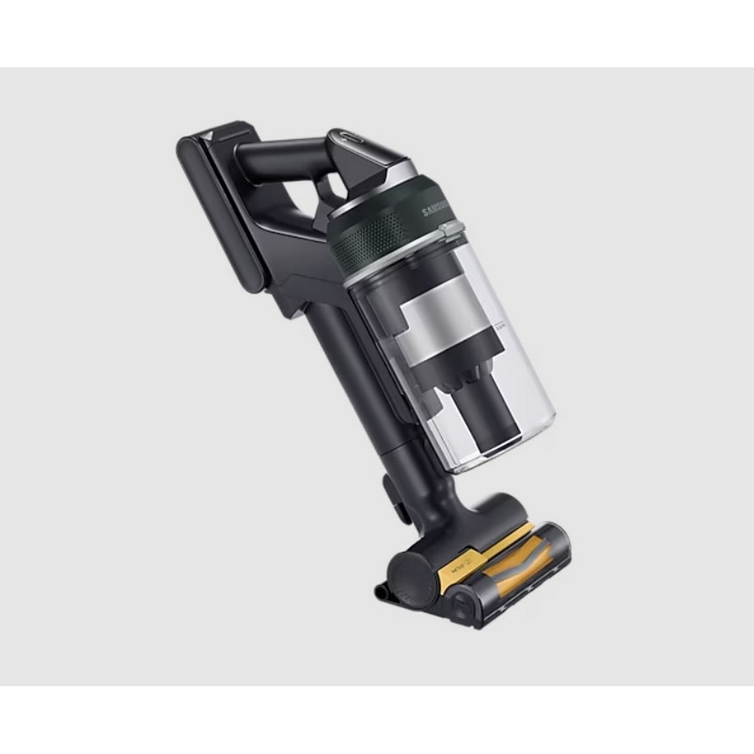 A black and silver cordless vacuum cleaner on a light background.