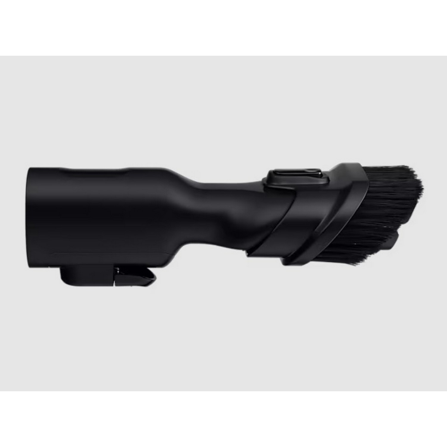 A black vacuum cleaner attachment with a brush on the side.