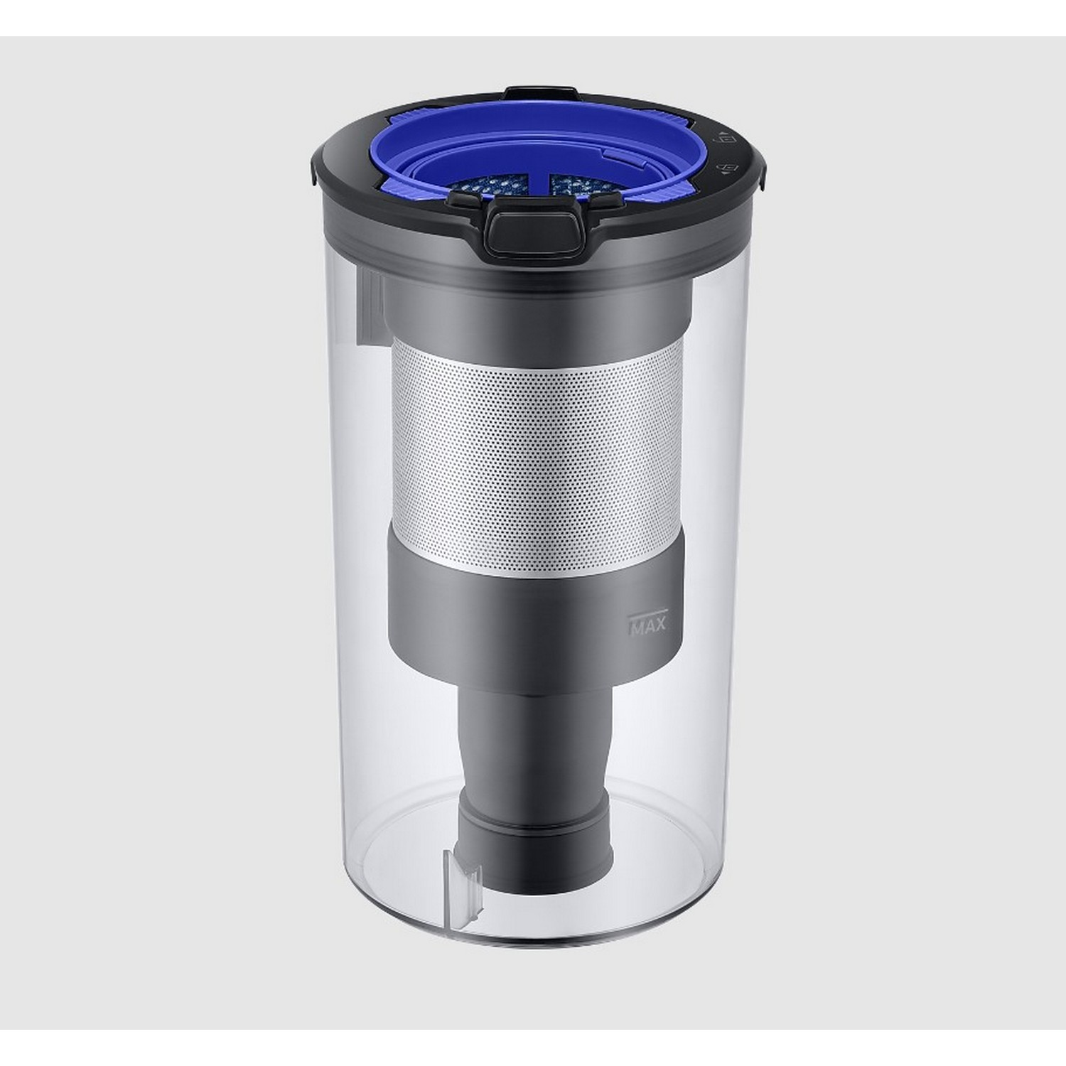Clear cylindrical vacuum cleaner container with a black top and bottom. It has a silver filter.