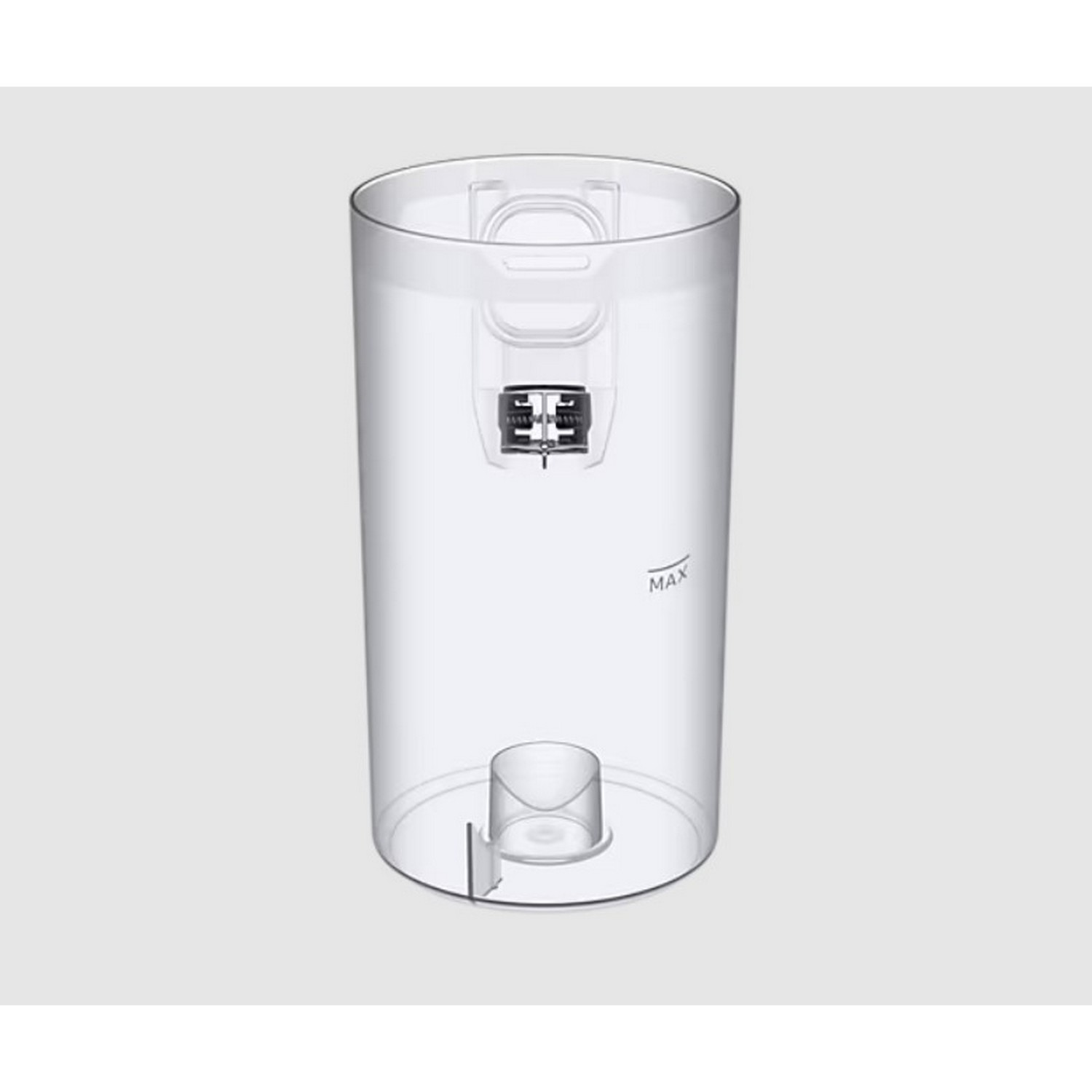 A clear, cylindrical vacuum cleaner dustbin with a 'MAX' marking on the side.