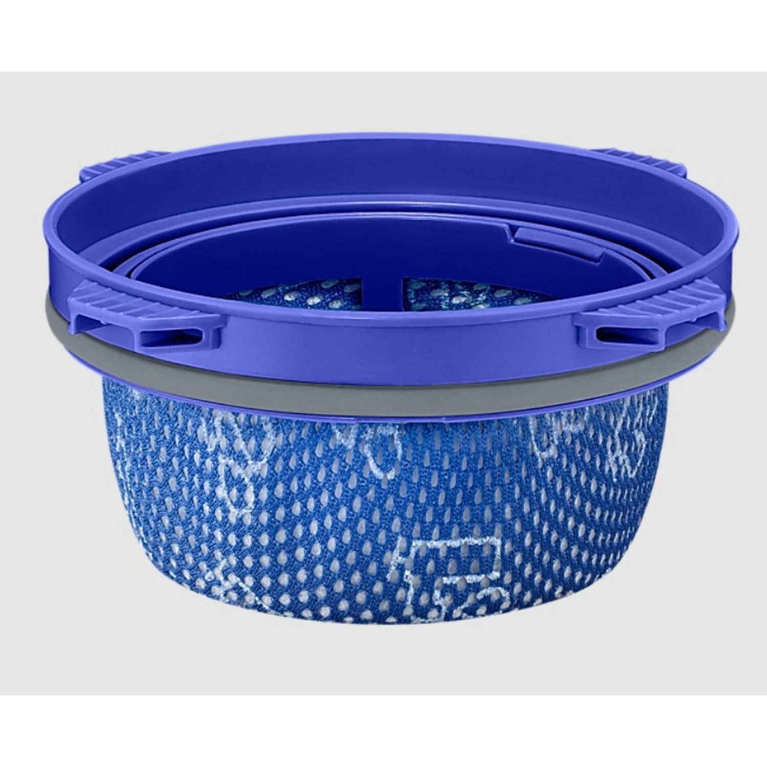 A blue vacuum filter with a mesh interior and a grey rim.