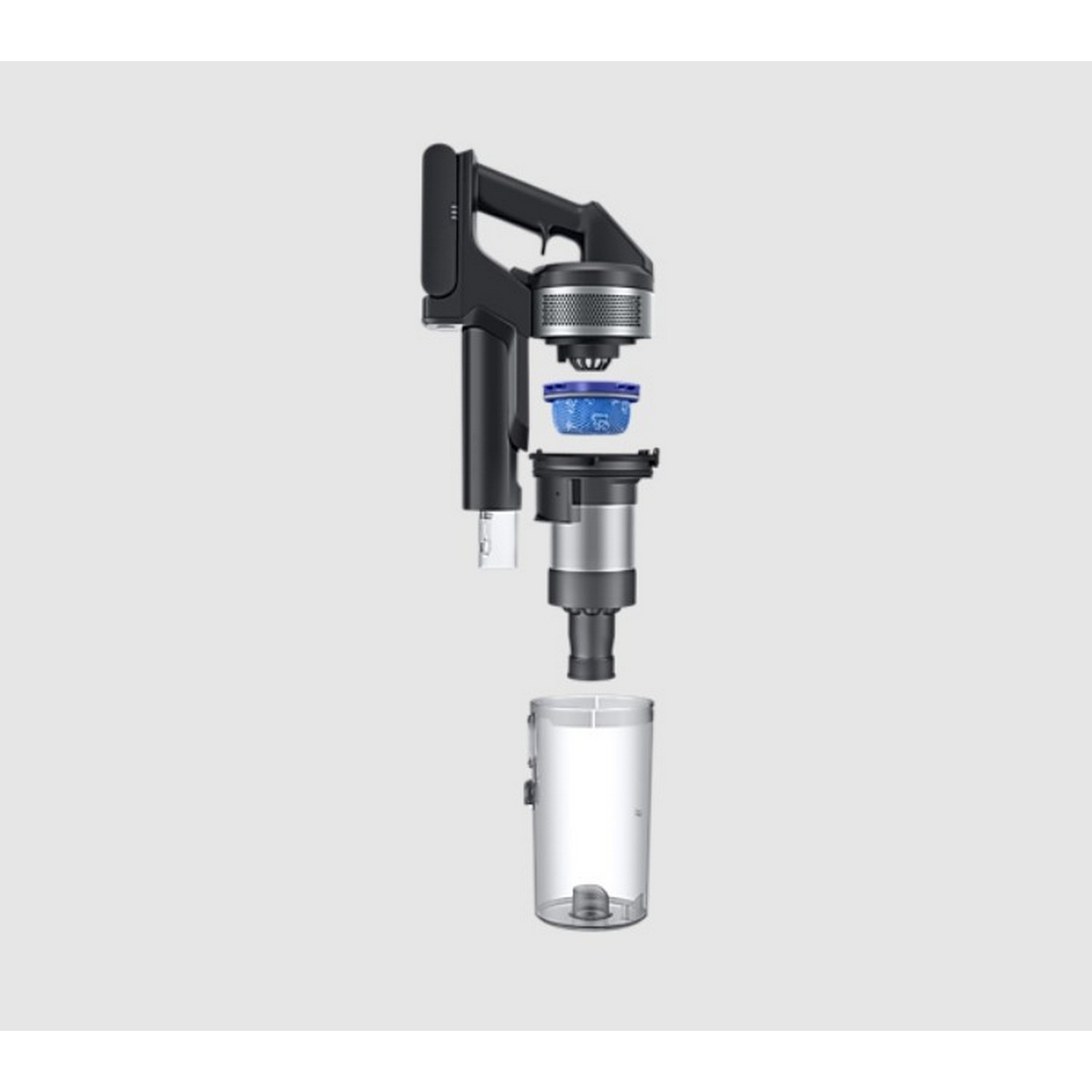 Black and silver cordless vacuum cleaner in exploded view, showing components.