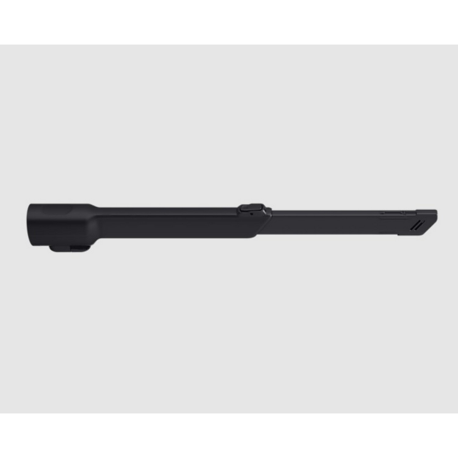 A black, elongated object, possibly a vacuum cleaner attachment, on a light background.