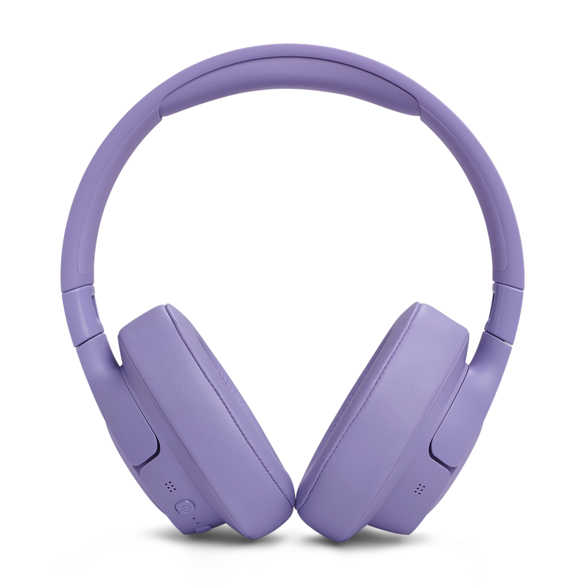 Lila Over-Ear-Kopfhörer, von vorne gezeigt, mit klarem weißen Hintergrund.