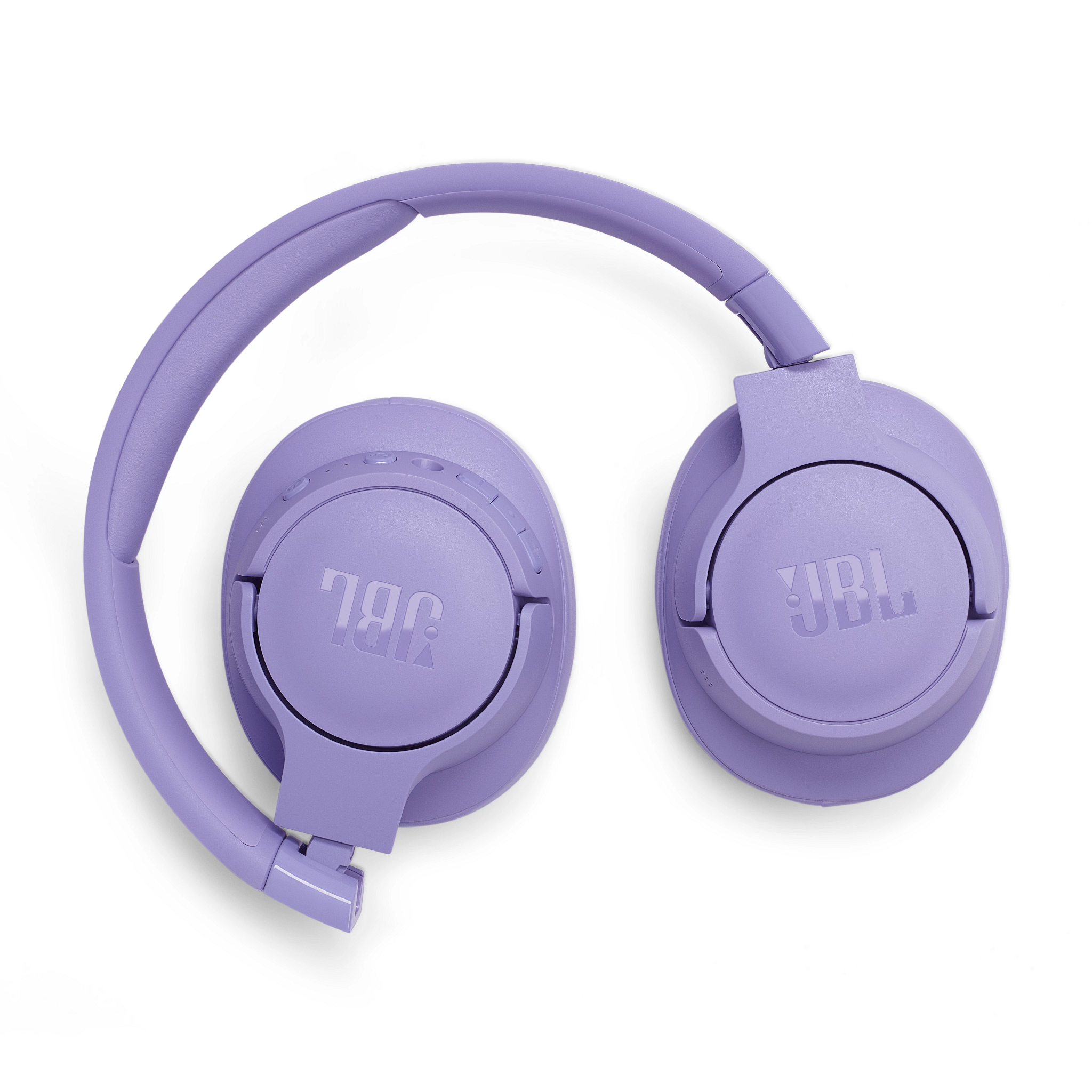 Violette JBL-Kopfhörer, zusammengeklappt, weißer Hintergrund.