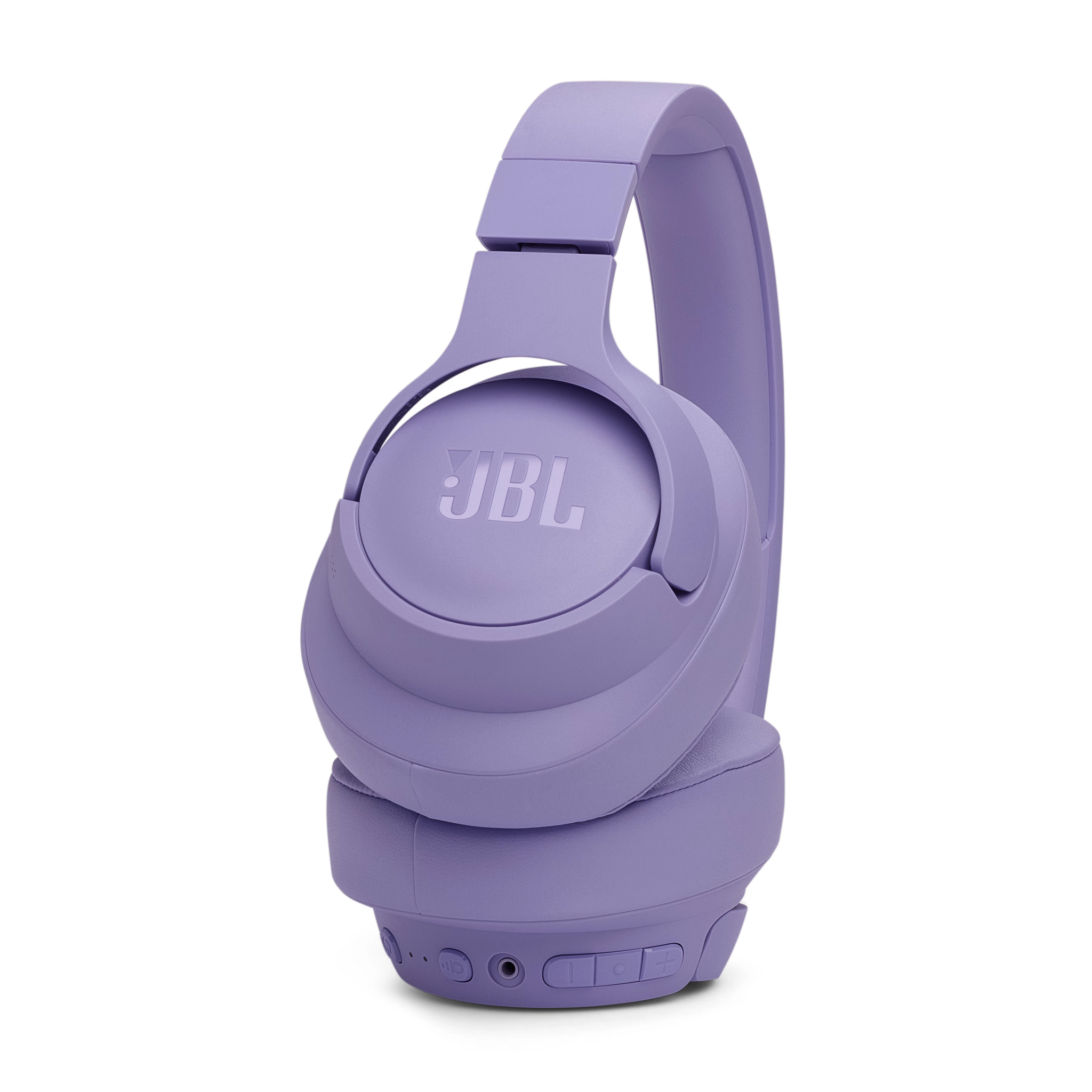 Lila JBL-Kopfhörer, schräge Ansicht, die Ohrmuscheln und das Kopfband zeigen.