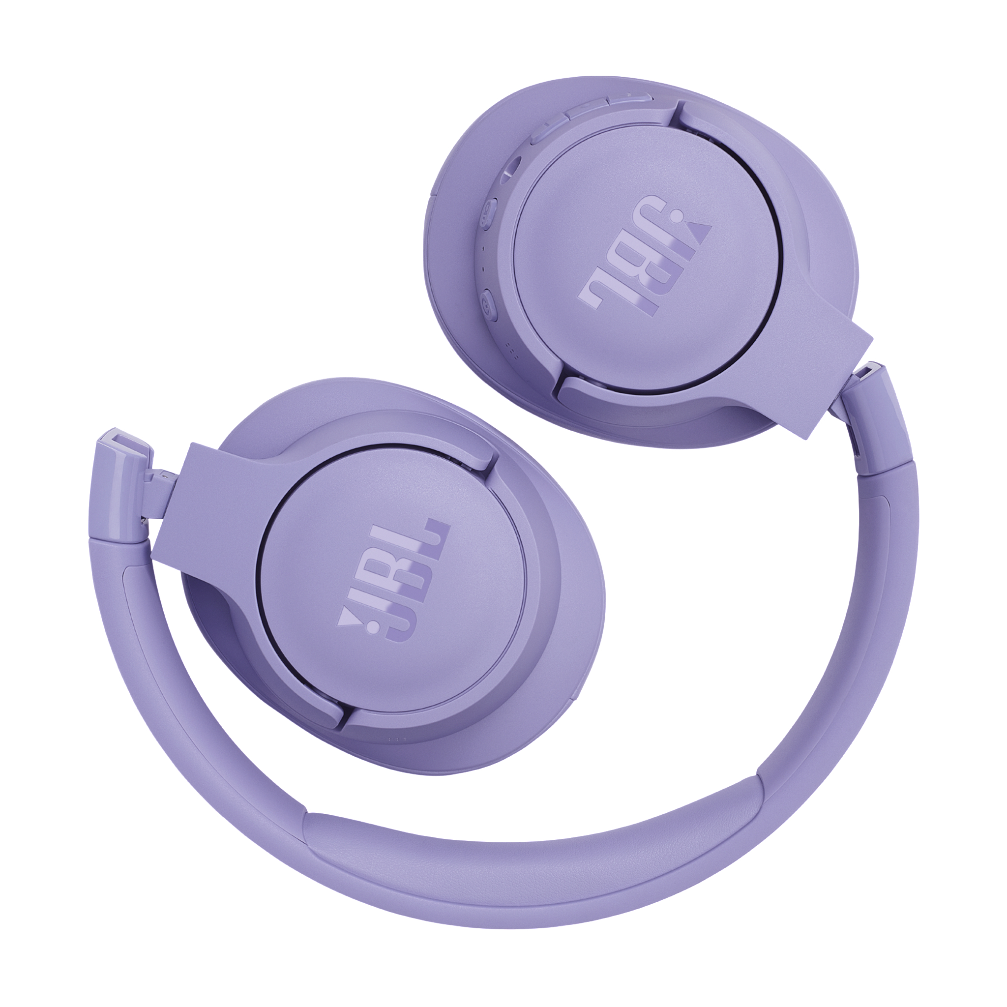 Gefaltete lila JBL-Kopfhörer mit JBL-Logo auf den Ohrmuscheln, weißer Hintergrund.