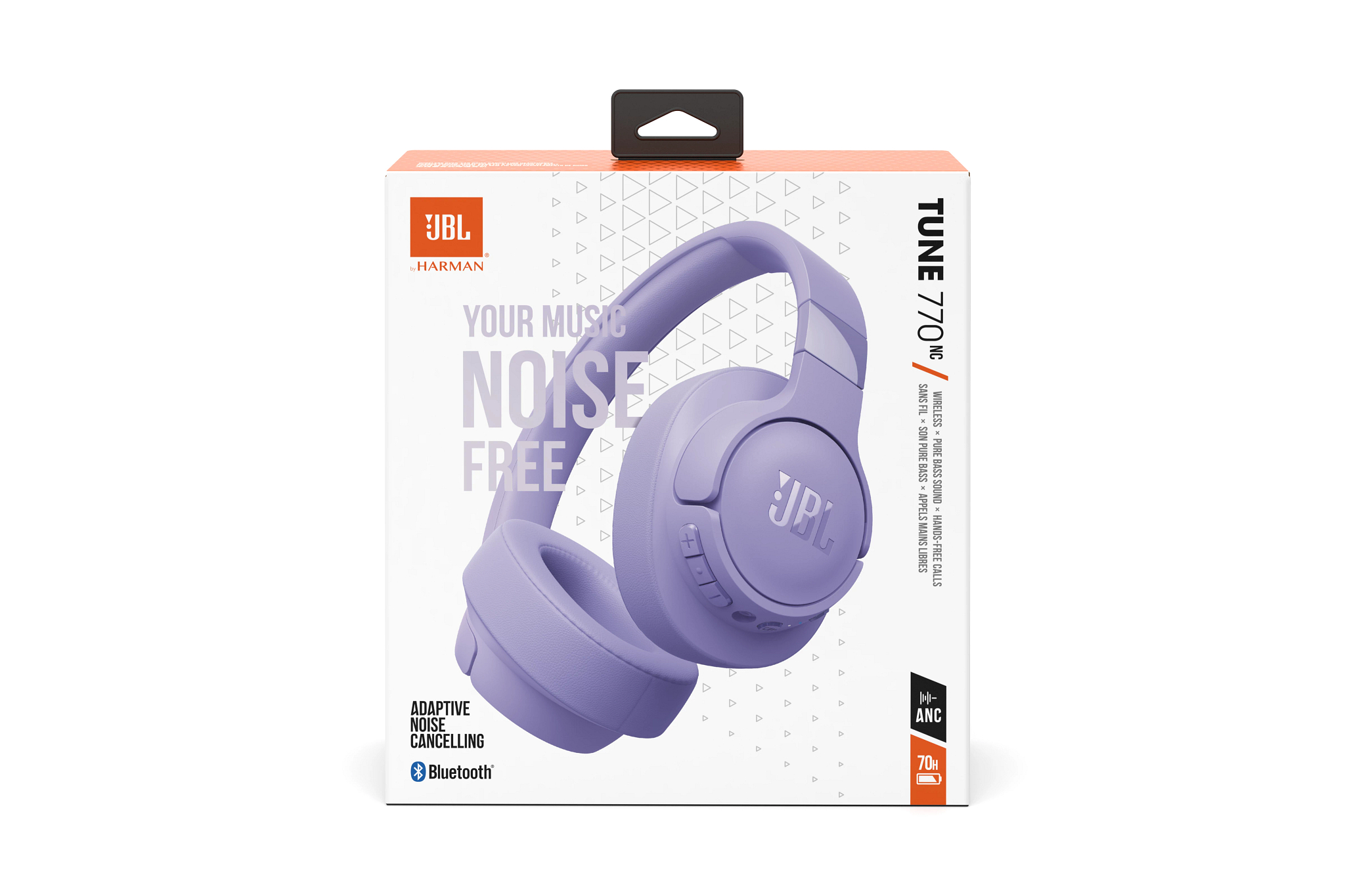 Lila JBL Tune 770NC Kopfhörer in einer Box, mit Text und Branding.