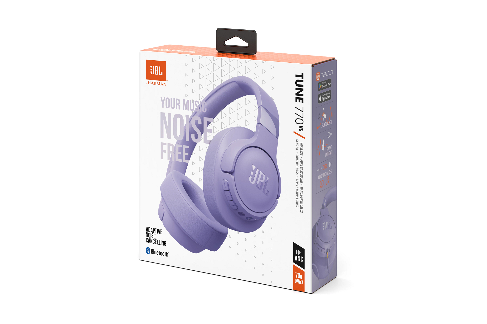 Ein lila JBL Tune 770NC-Headset auf weißem Hintergrund, mit seiner Box. Die Box hat Text und Symbole.