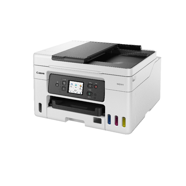 Canon yazıcı, beyaz renk, küçük bir ekran ve yan tarafta mürekkep kartuşları gösteriyor.
