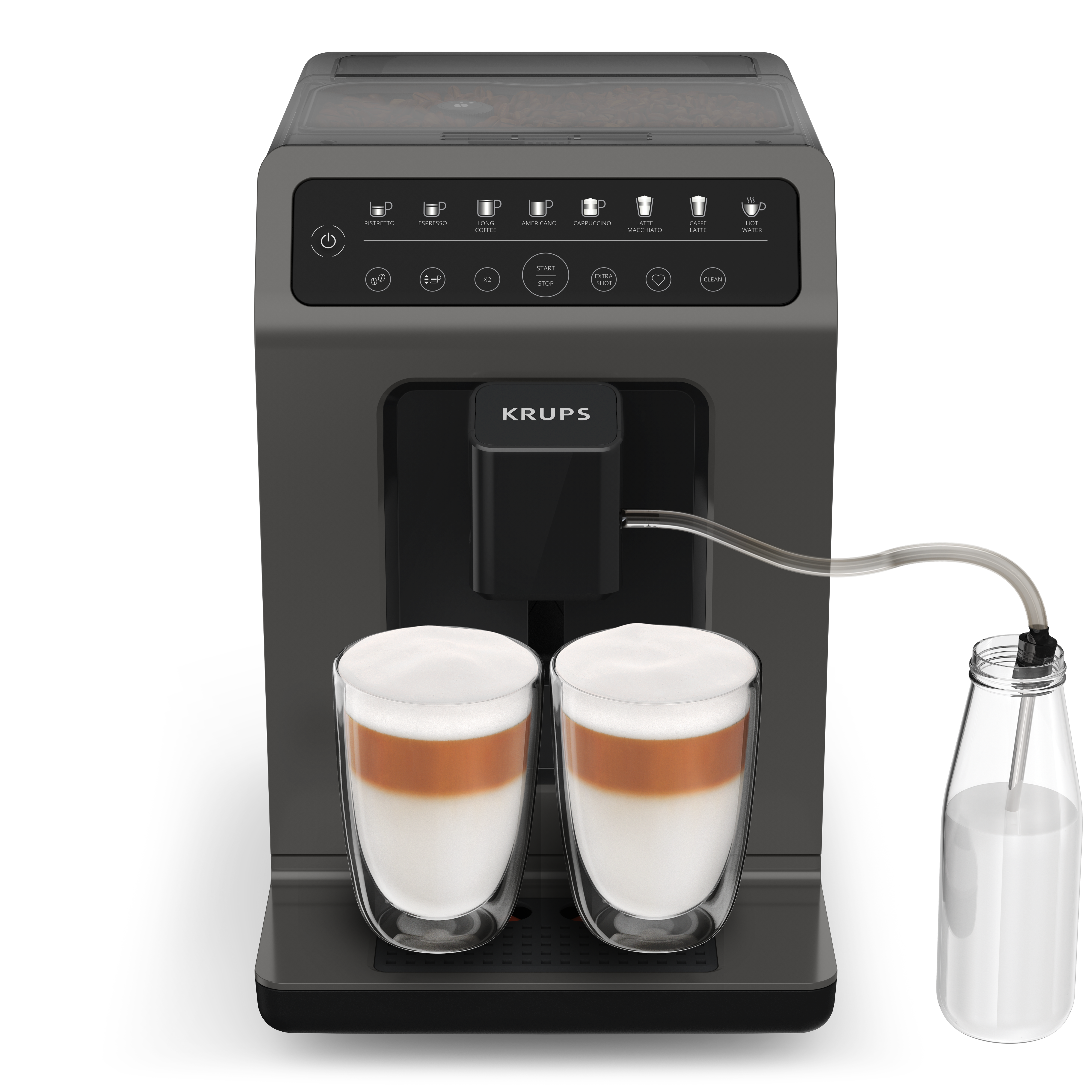 Eine Krups Kaffeemaschine mit zwei Gläsern geschichtetem Kaffee und einer Milchflasche.