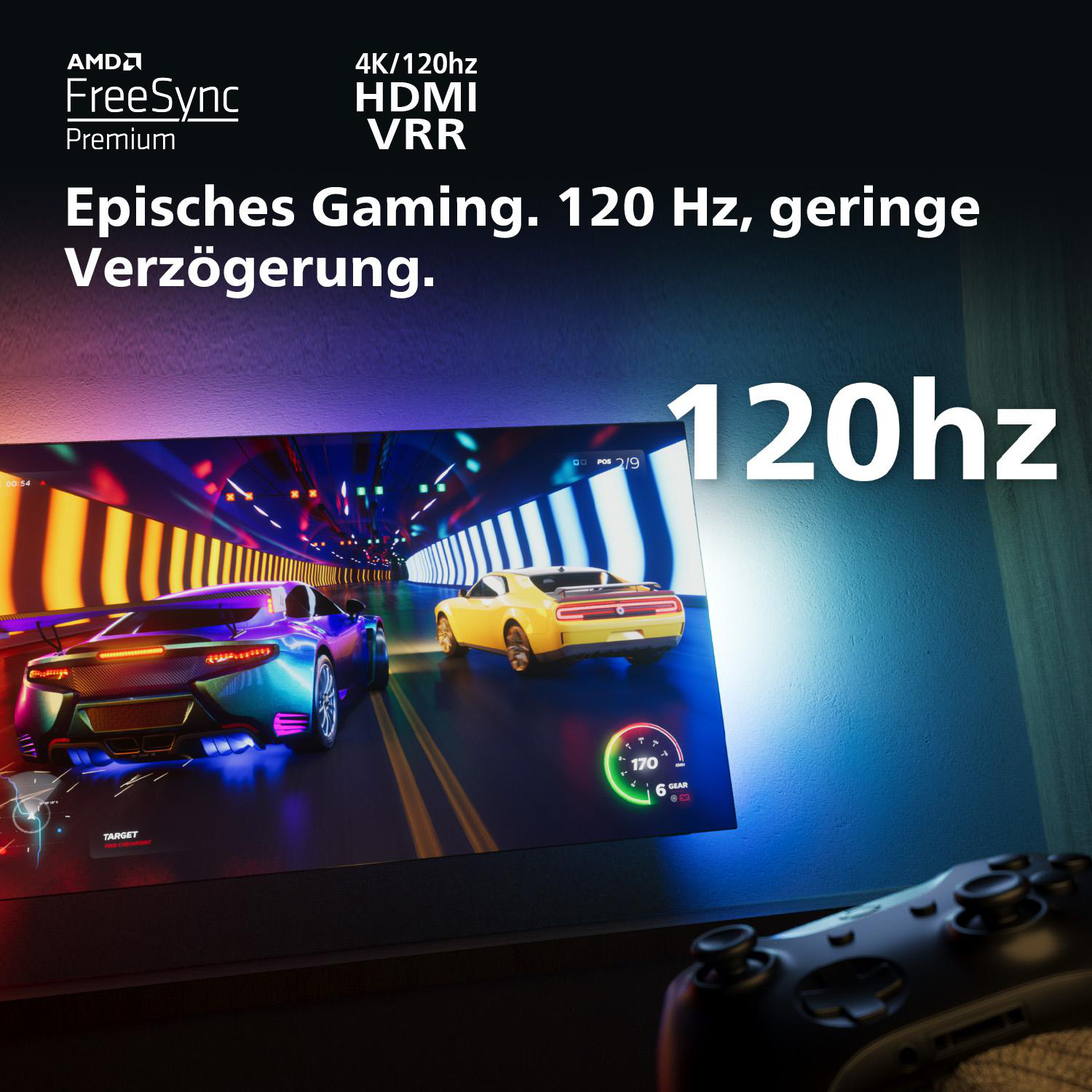Rennspiel auf dem Bildschirm, Controller im Fokus, 120Hz-Text.