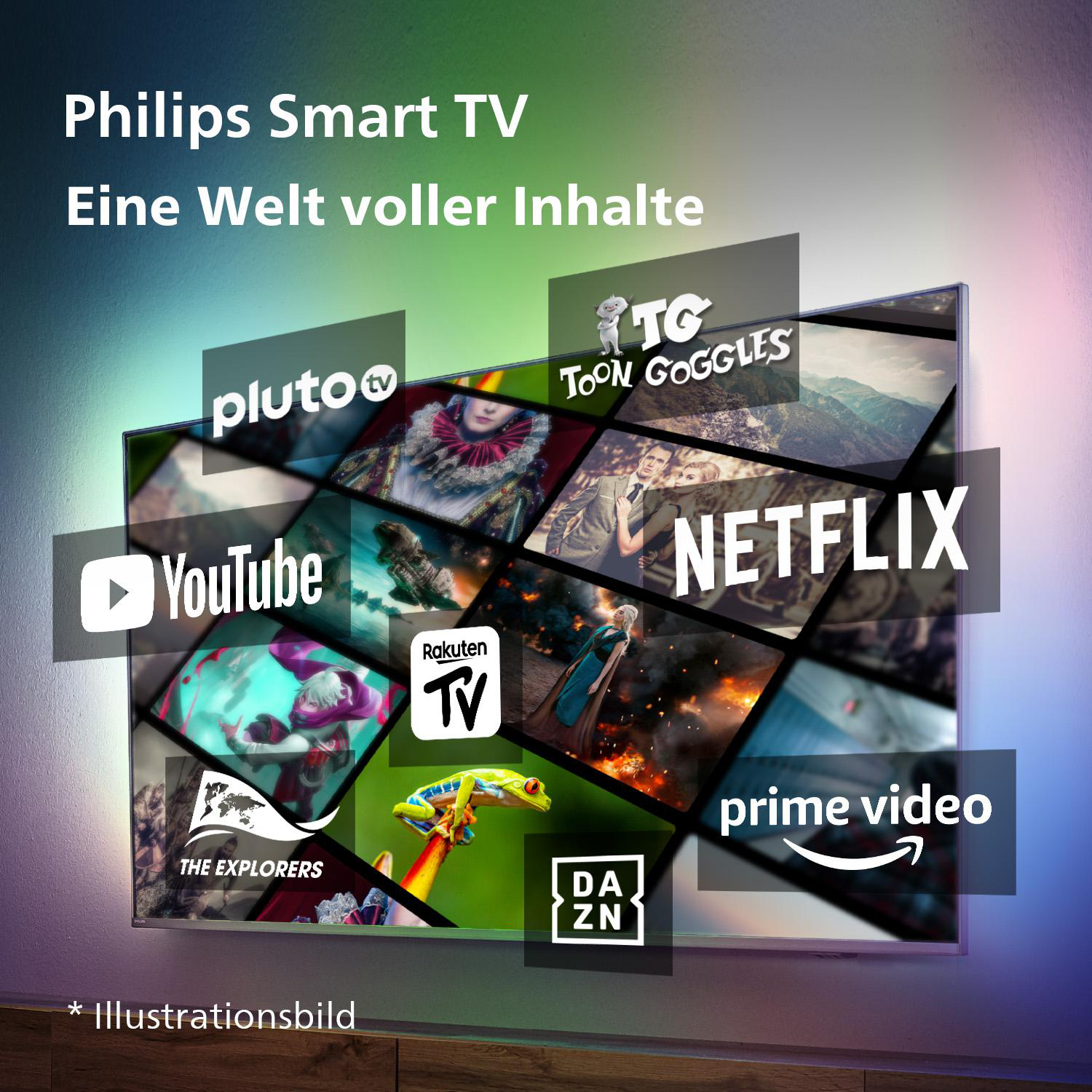 Smart-TV-Bildschirm mit Logos verschiedener Streaming-Dienste, mit Text oben.