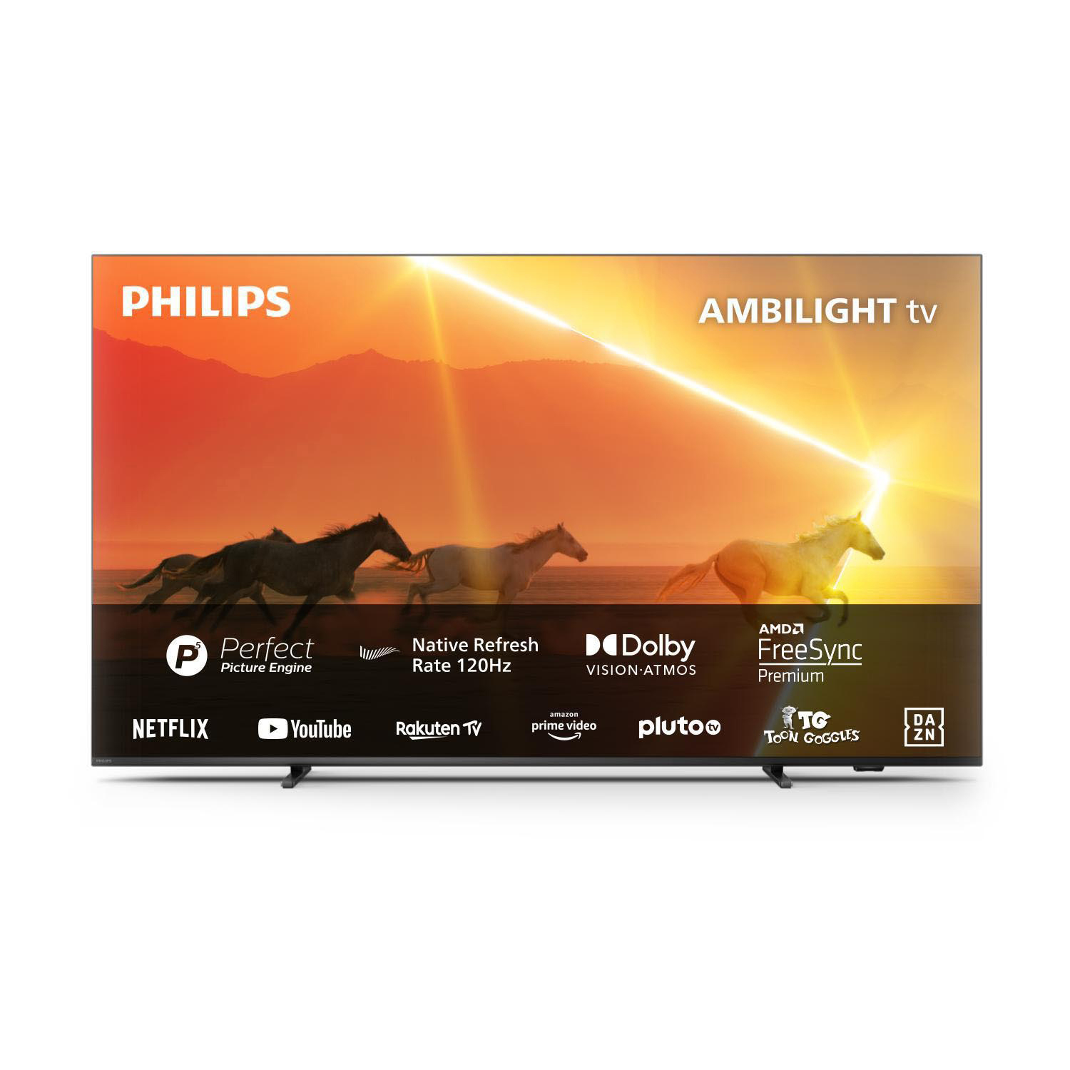 Philips Ambilight TV, Pferde, die auf dem Bildschirm laufen, verschiedene Logos unten. Schwarzer Rahmen.
