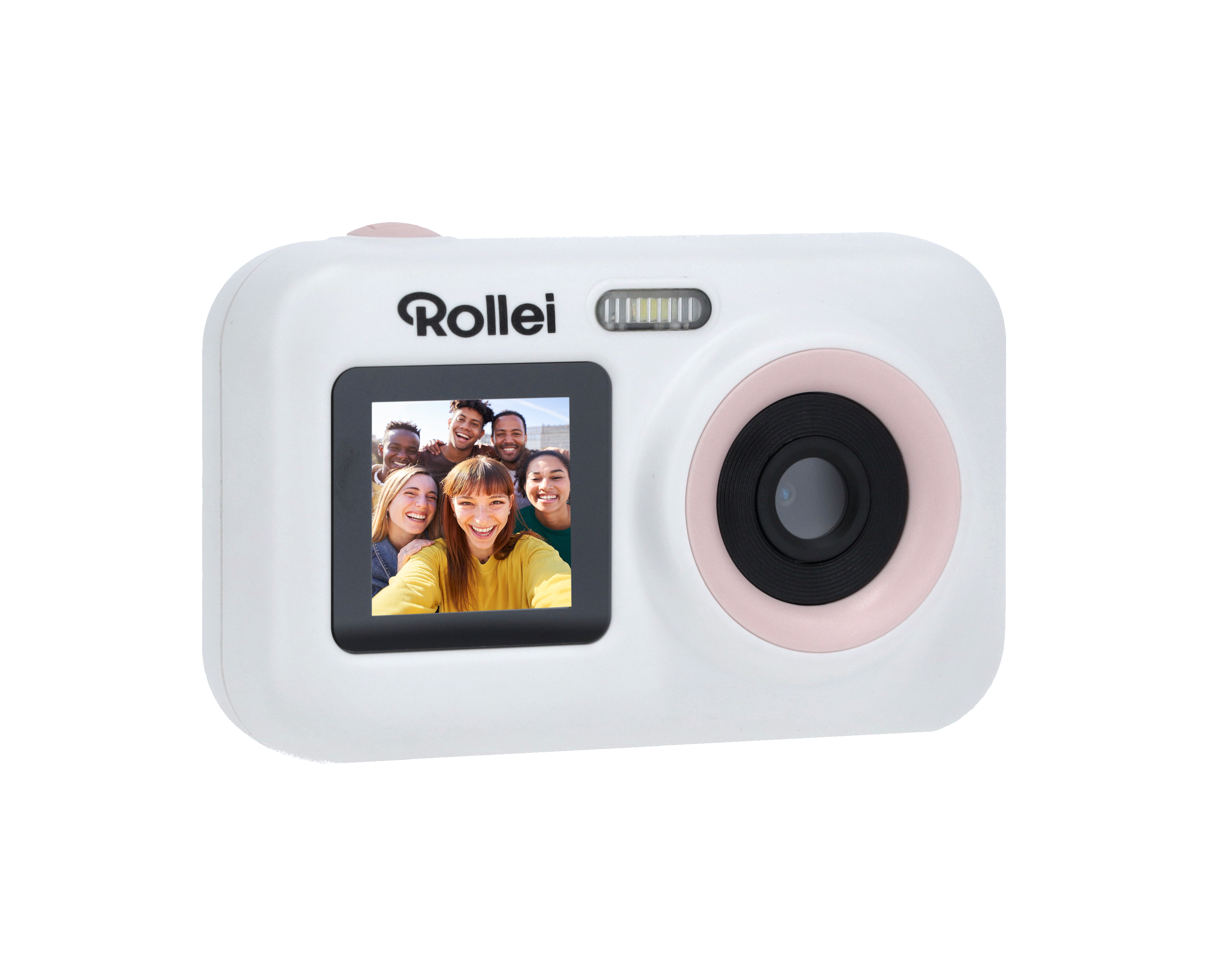 Eine weiße und rosa Rollei Kamera, die ein Foto einer Gruppe lächelnder Leute anzeigt.