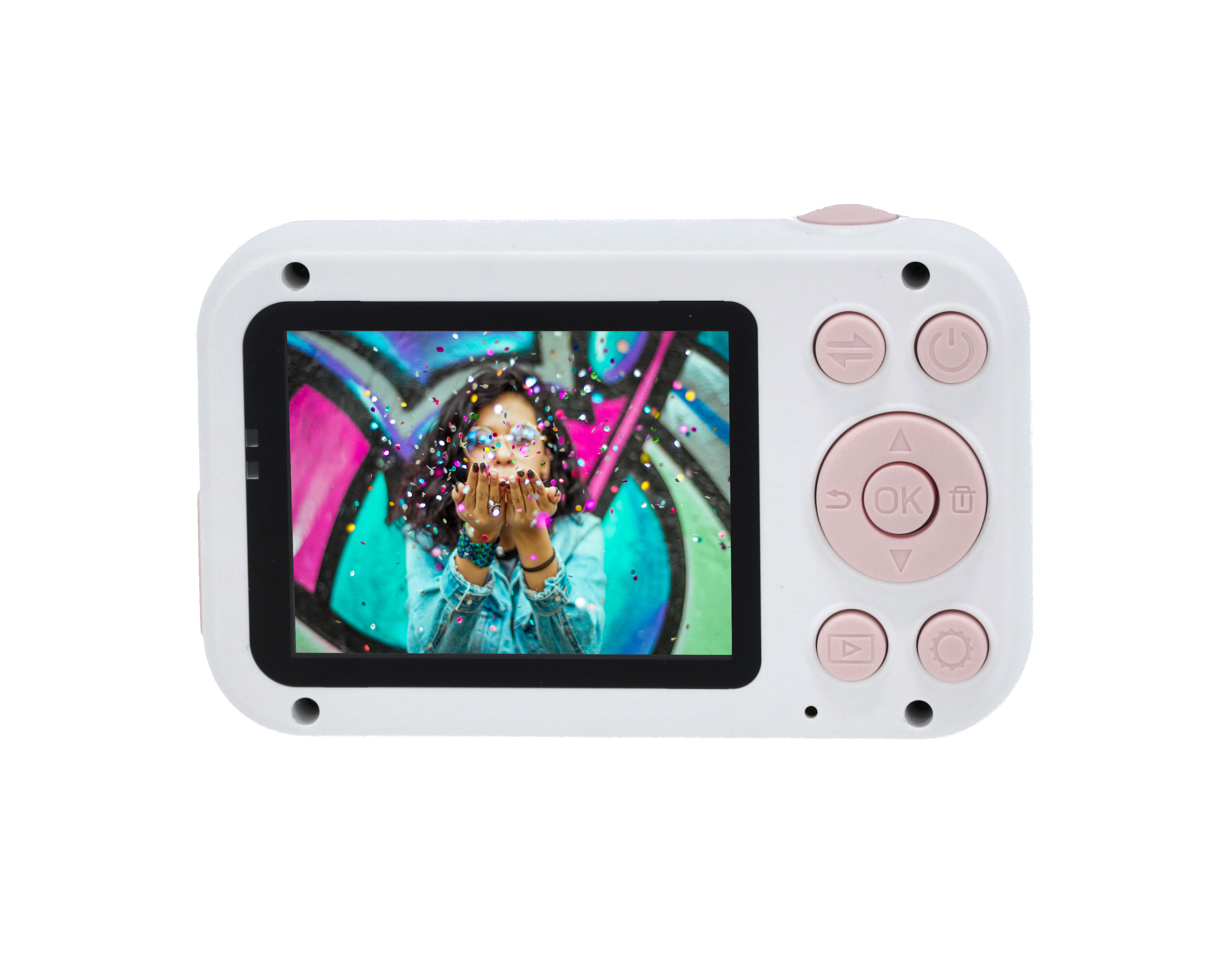 Eine weiße Digitalkamera mit einem Bildschirm, der eine Frau zeigt, die Konfetti bläst. Pinke Knöpfe.