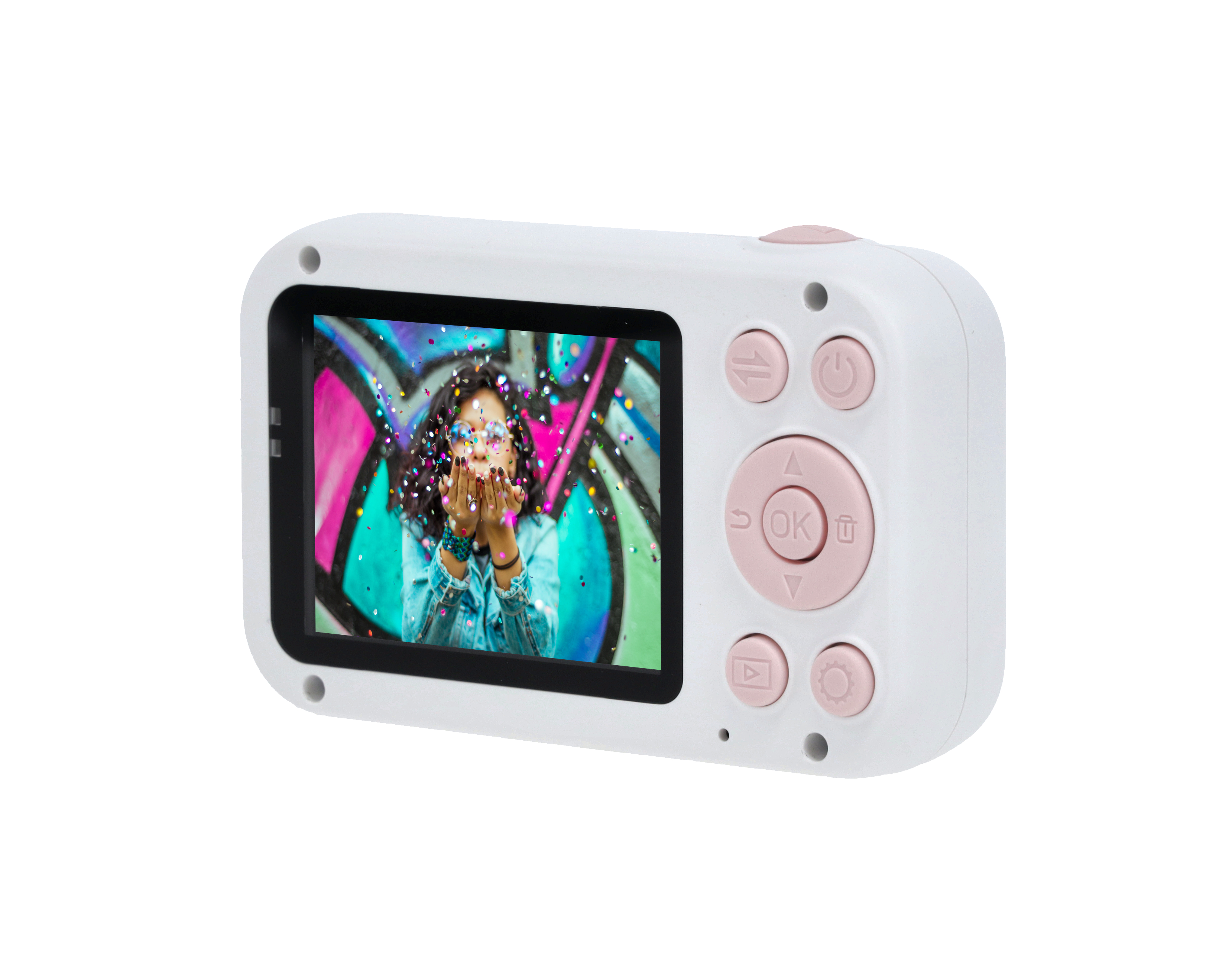 Weiße Digitalkamera mit Bildschirm, der eine Frau zeigt, die Glitzer pustet. Rosa Knöpfe rechts.