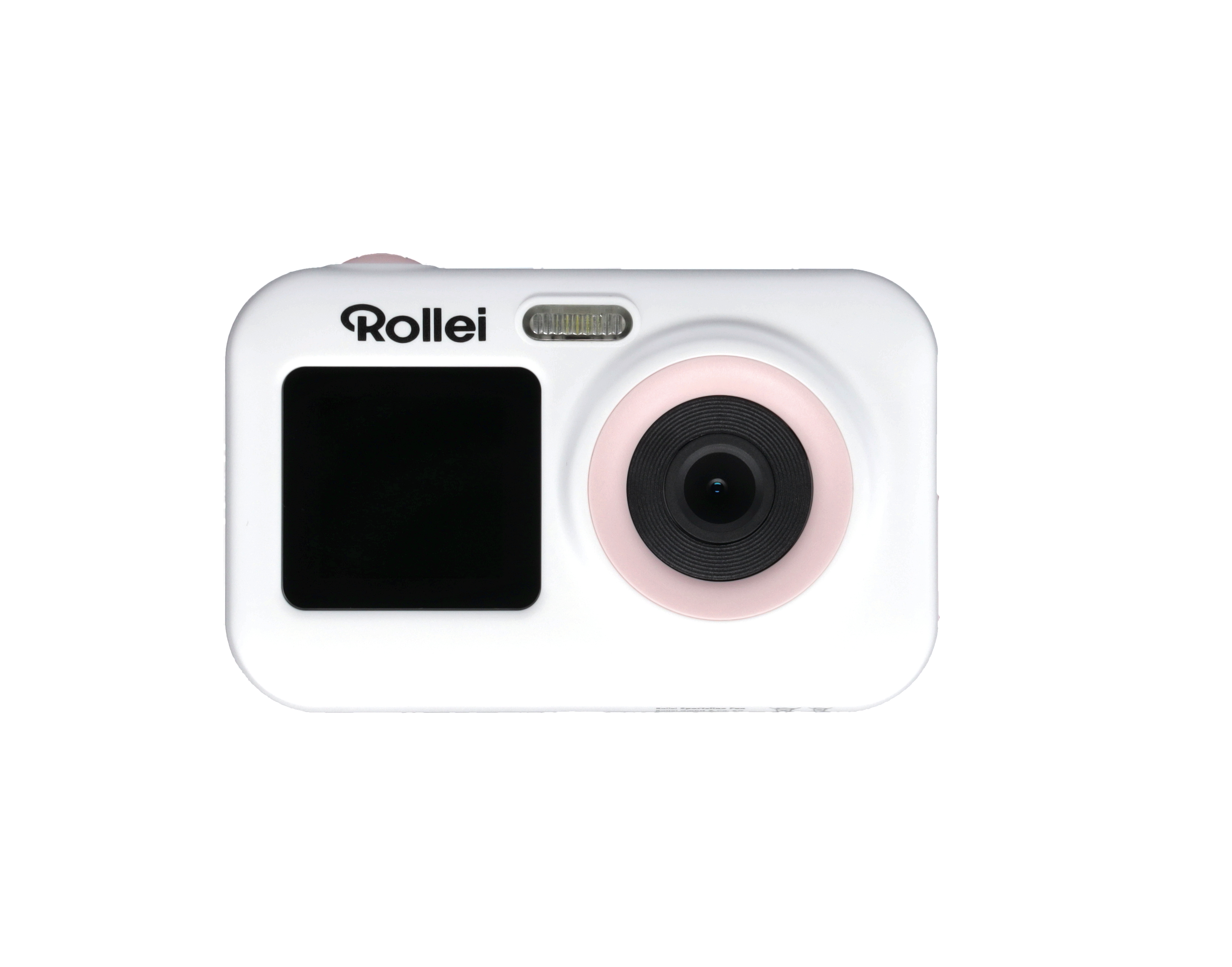 Eine weiße Kamera mit rosa Objektivring. Schwarzer Bildschirm und Rollei-Logo.