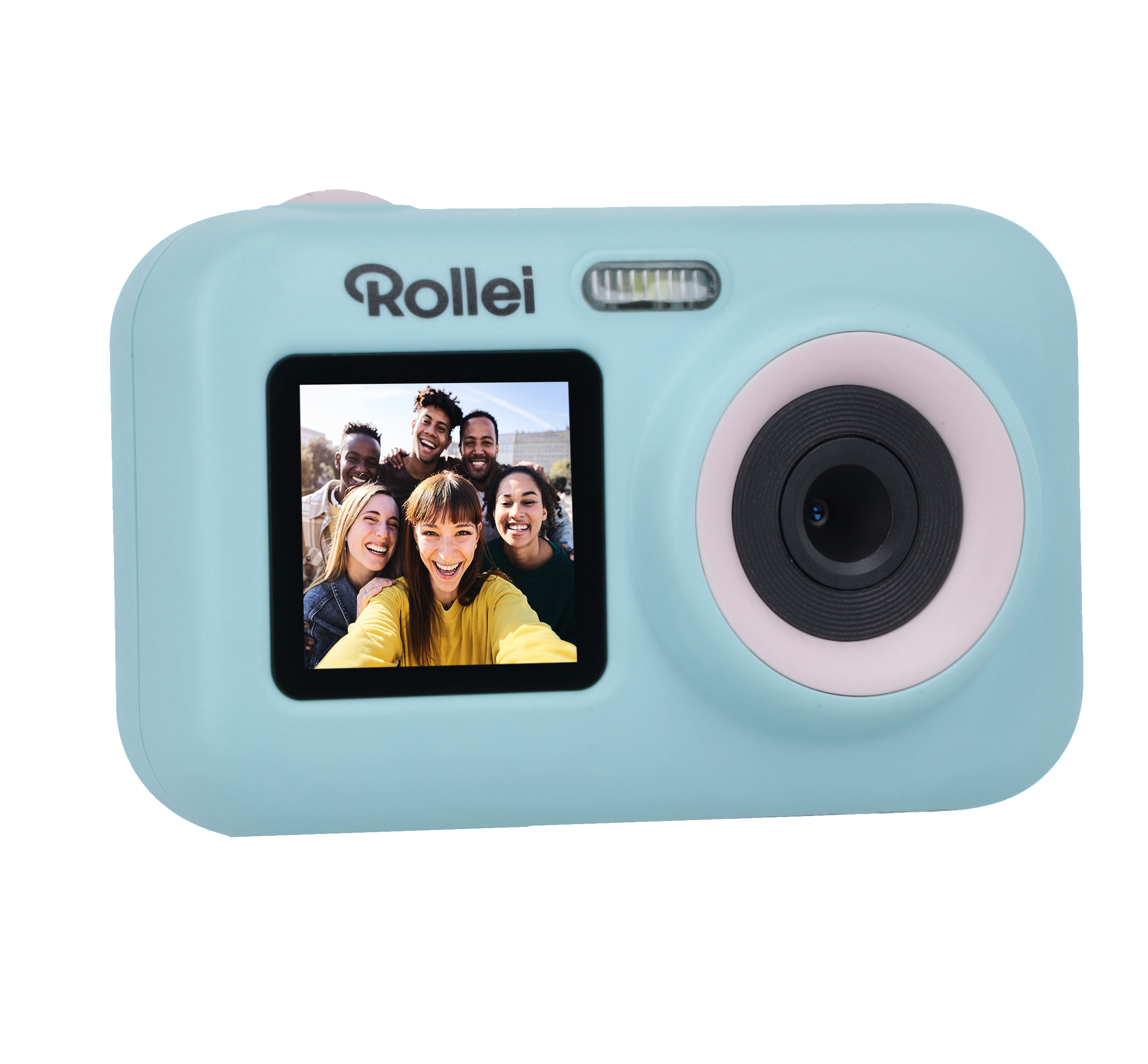 Eine blau-rosa Rollei Kamera mit einem Bildschirm, der eine Gruppe lächelnder Menschen zeigt. Weißer Hintergrund.