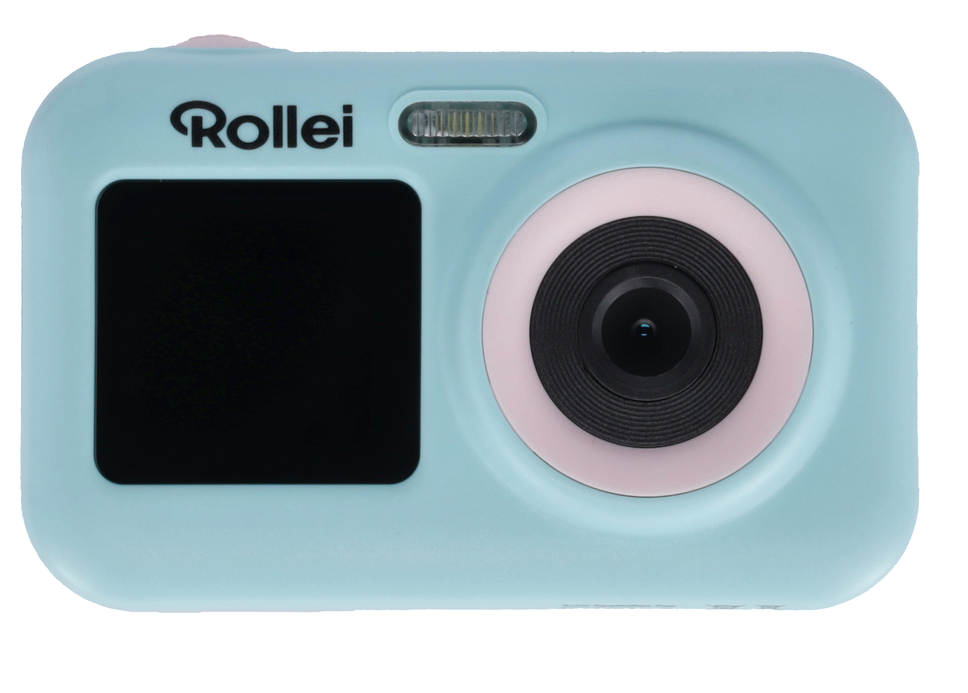 Helle blaue Rollei-Kamera mit schwarzem Bildschirm und pinkfarbenem Kreis um die Linse.