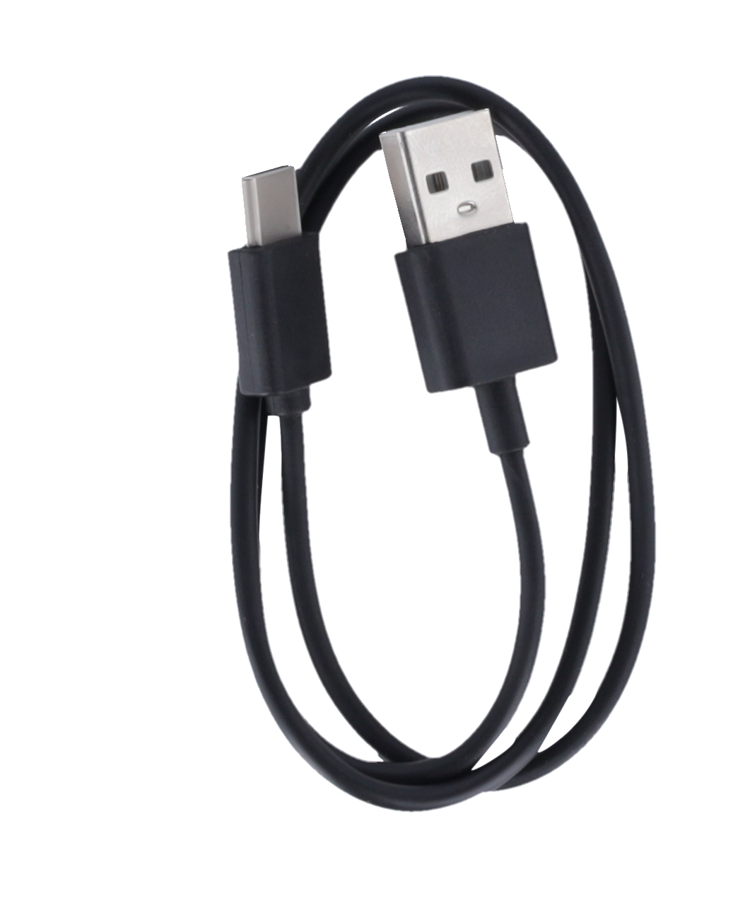 Schwarzes USB-zu-USB-C-Kabel auf weißem Hintergrund, schwarze Anschlüsse.